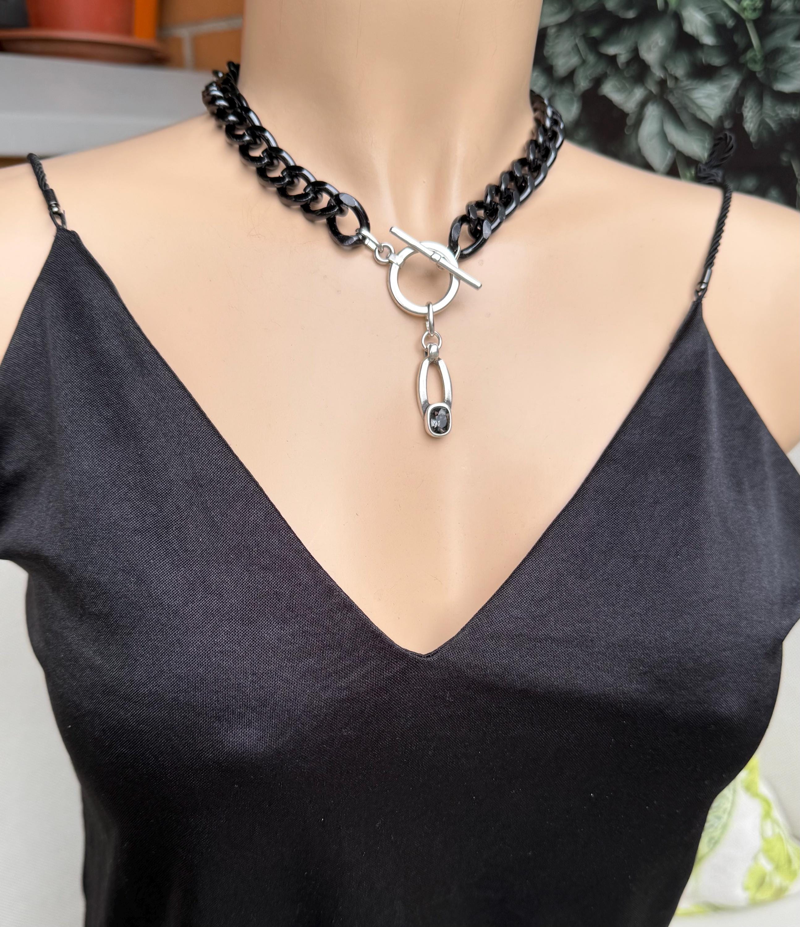 Chunky aluminum black chain necklace with Swarovski crystal pendant and toggle clasp