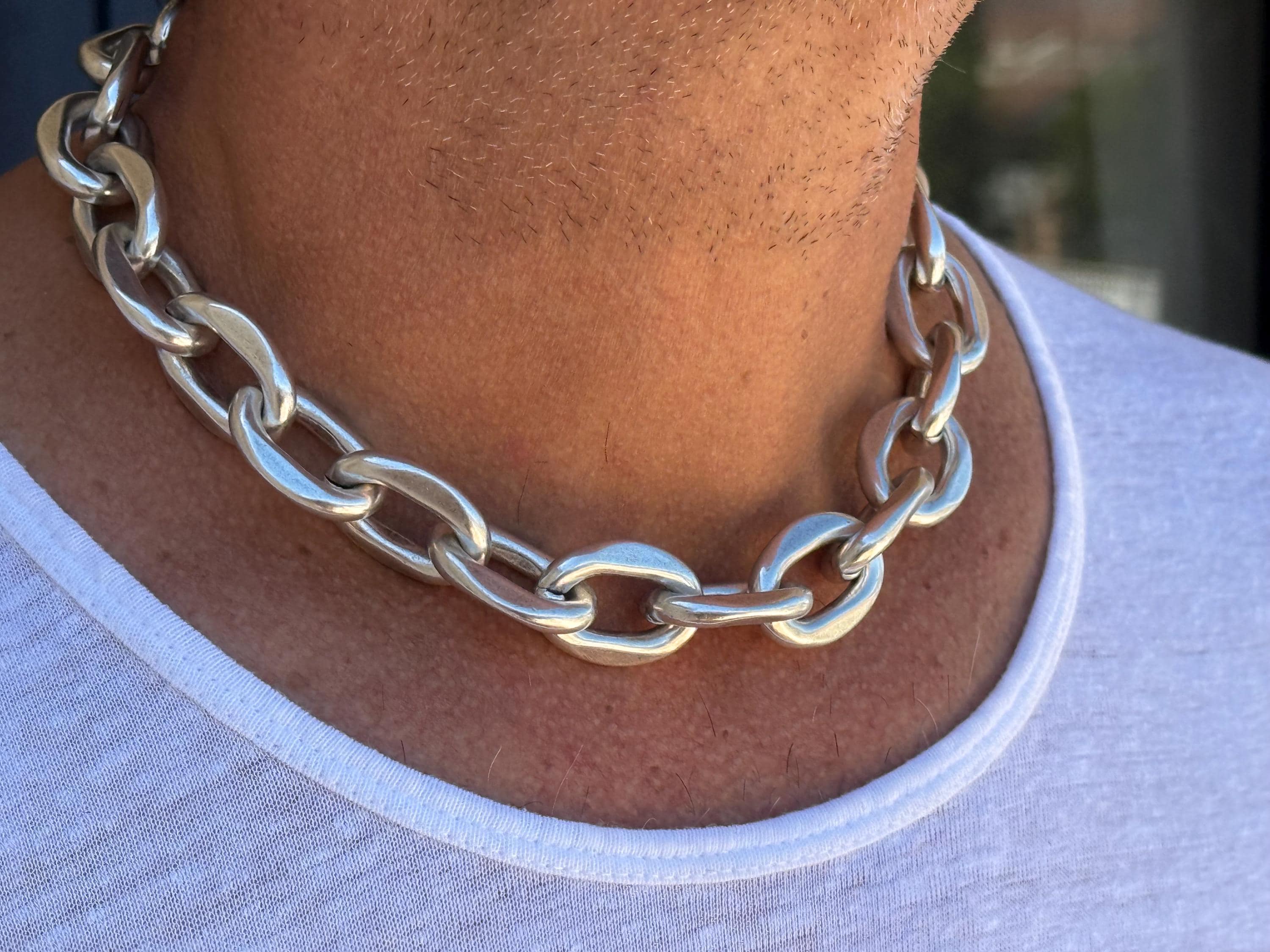 Men Chunky silver chain Necklace –Aluminum Lightweight Statement Jewelry – Handmade Kukuri Jewelry