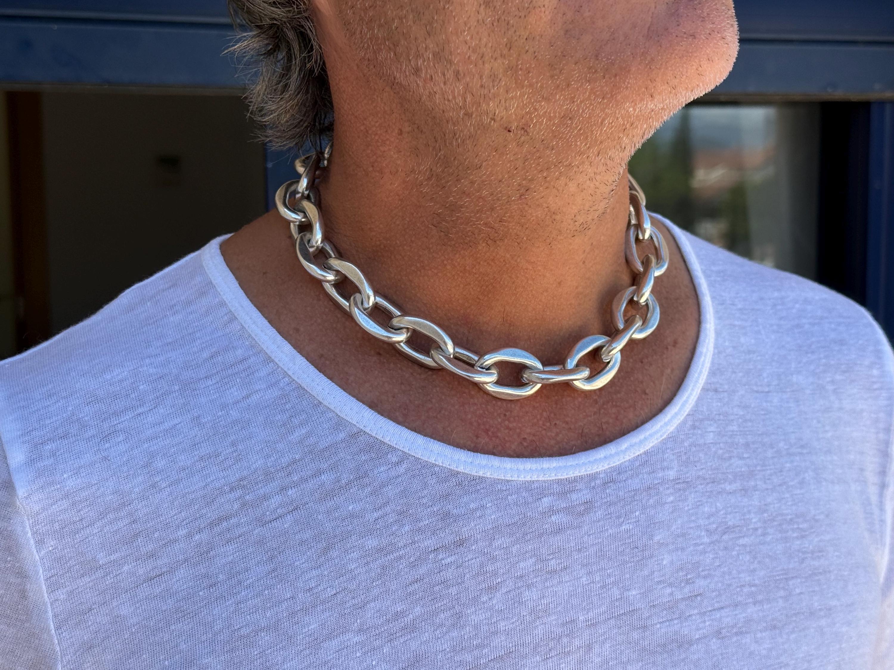 Men Chunky silver chain Necklace –Aluminum Lightweight Statement Jewelry – Handmade Kukuri Jewelry