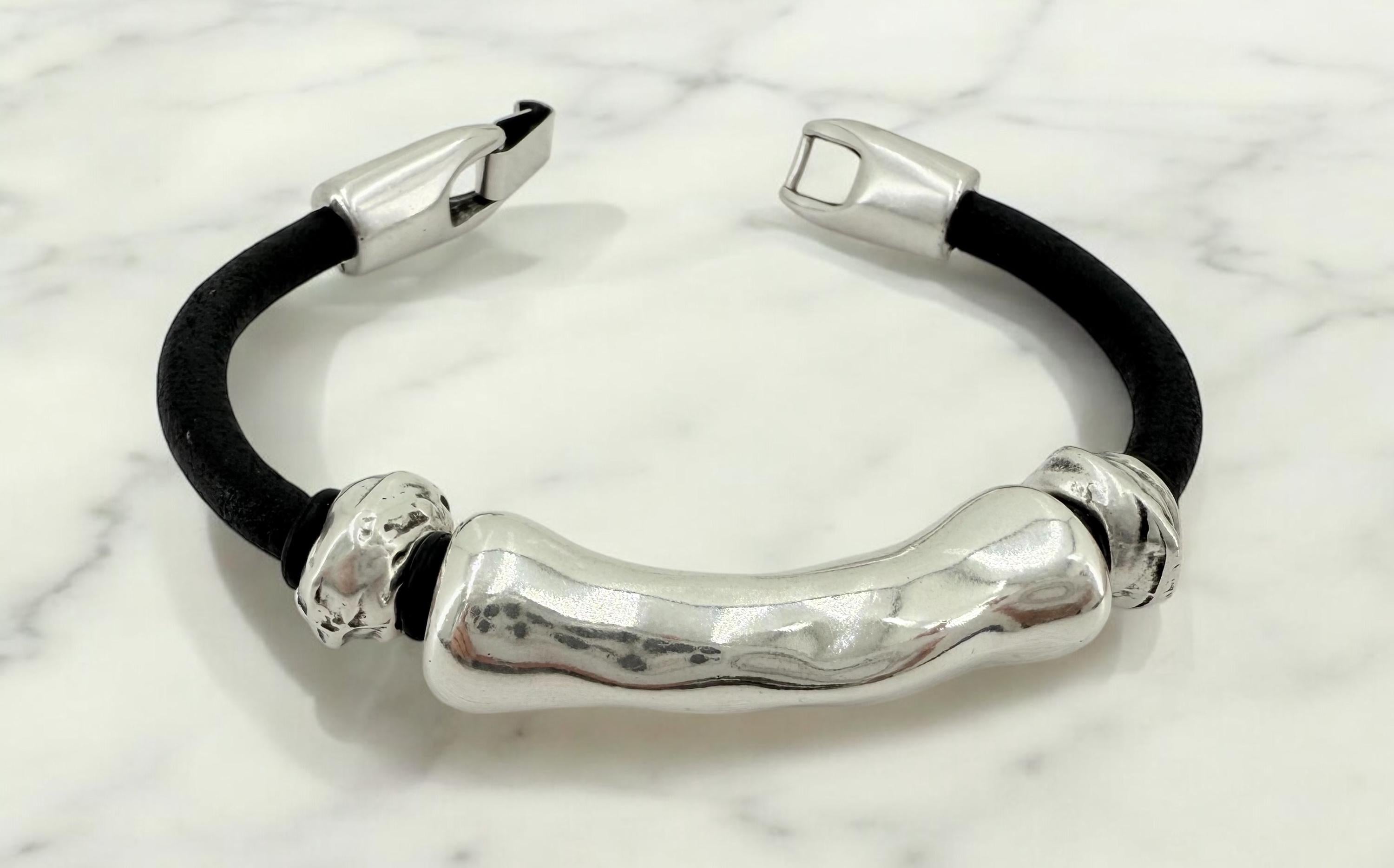 leather bracelet for men, silver masculine bracelet, bohemian bracelet, hippie bracelet, men gift, chunky silver tube leather bracelet,