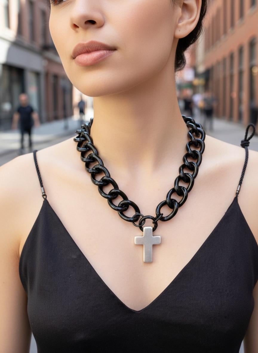 Chunky Black Cuban Chain Necklace – Silver-Plated Cross Pendant – Lightweight Statement blod Jewelry – Handmade Kukuri Jewelry -
