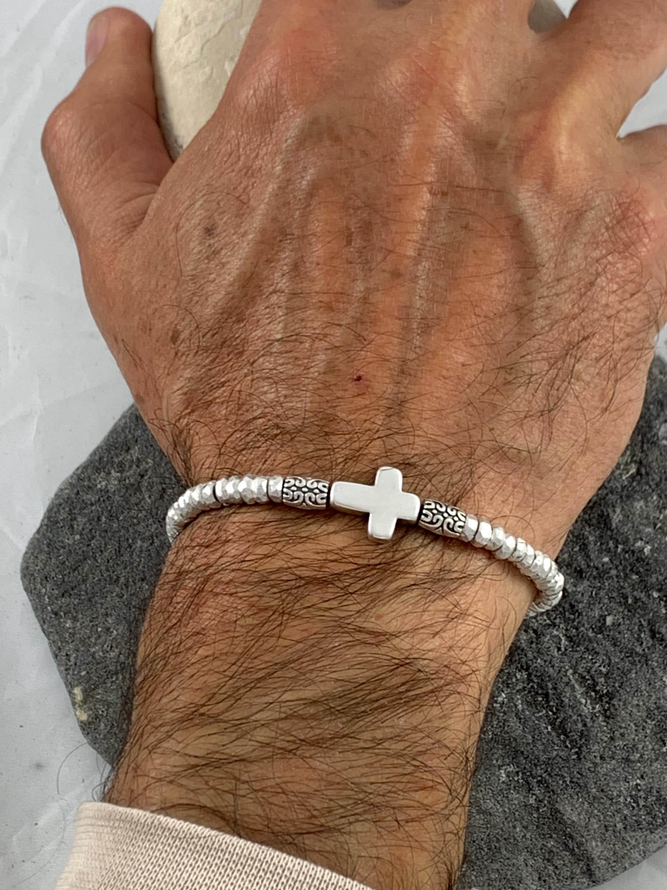 Unisex Leather Bracelet with Bold Silver-Plated Cross,  Handmade Boho customized jewelry