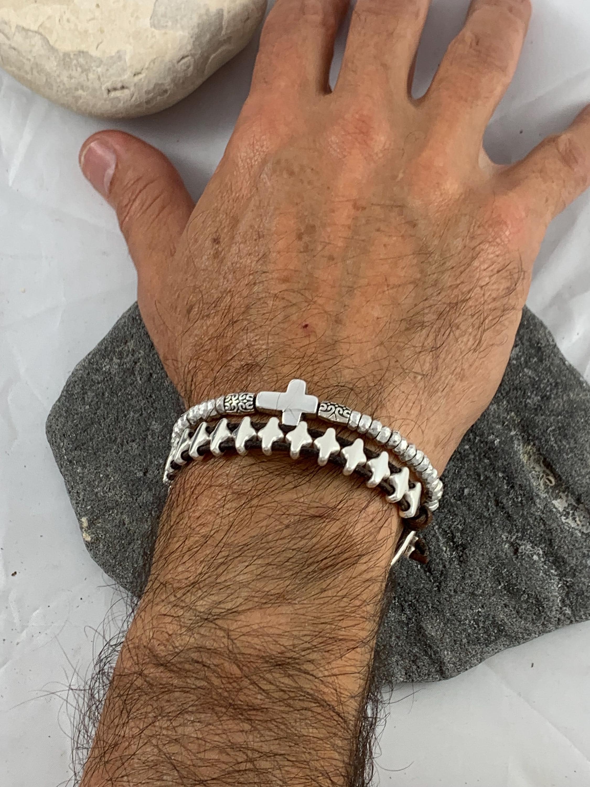 Unisex Leather Bracelet with Bold Silver-Plated Cross,  Handmade Boho customized jewelry