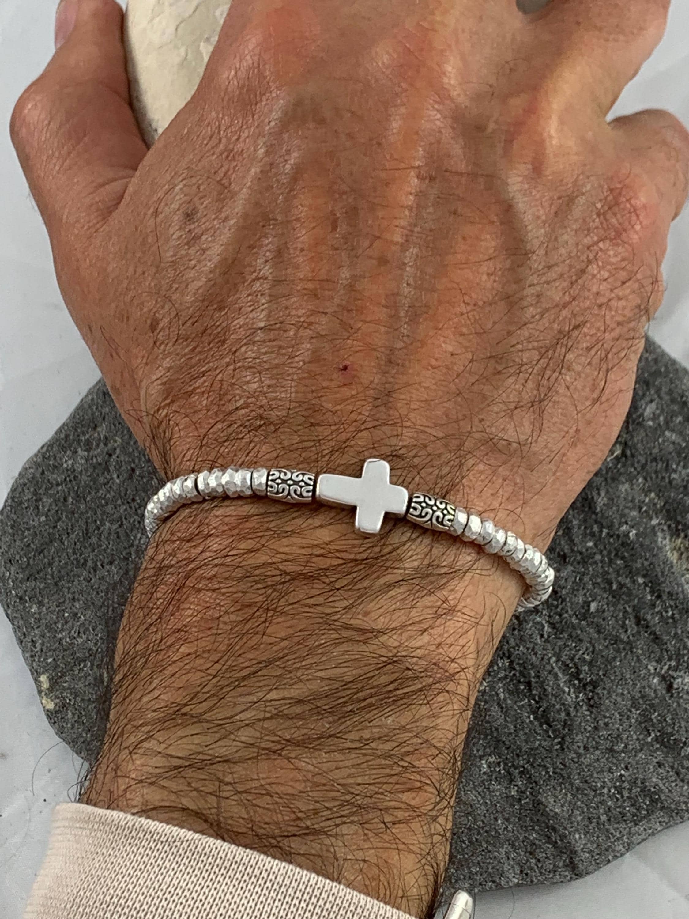 Unisex Leather Bracelet with Bold Silver-Plated Cross,  Handmade Boho customized jewelry