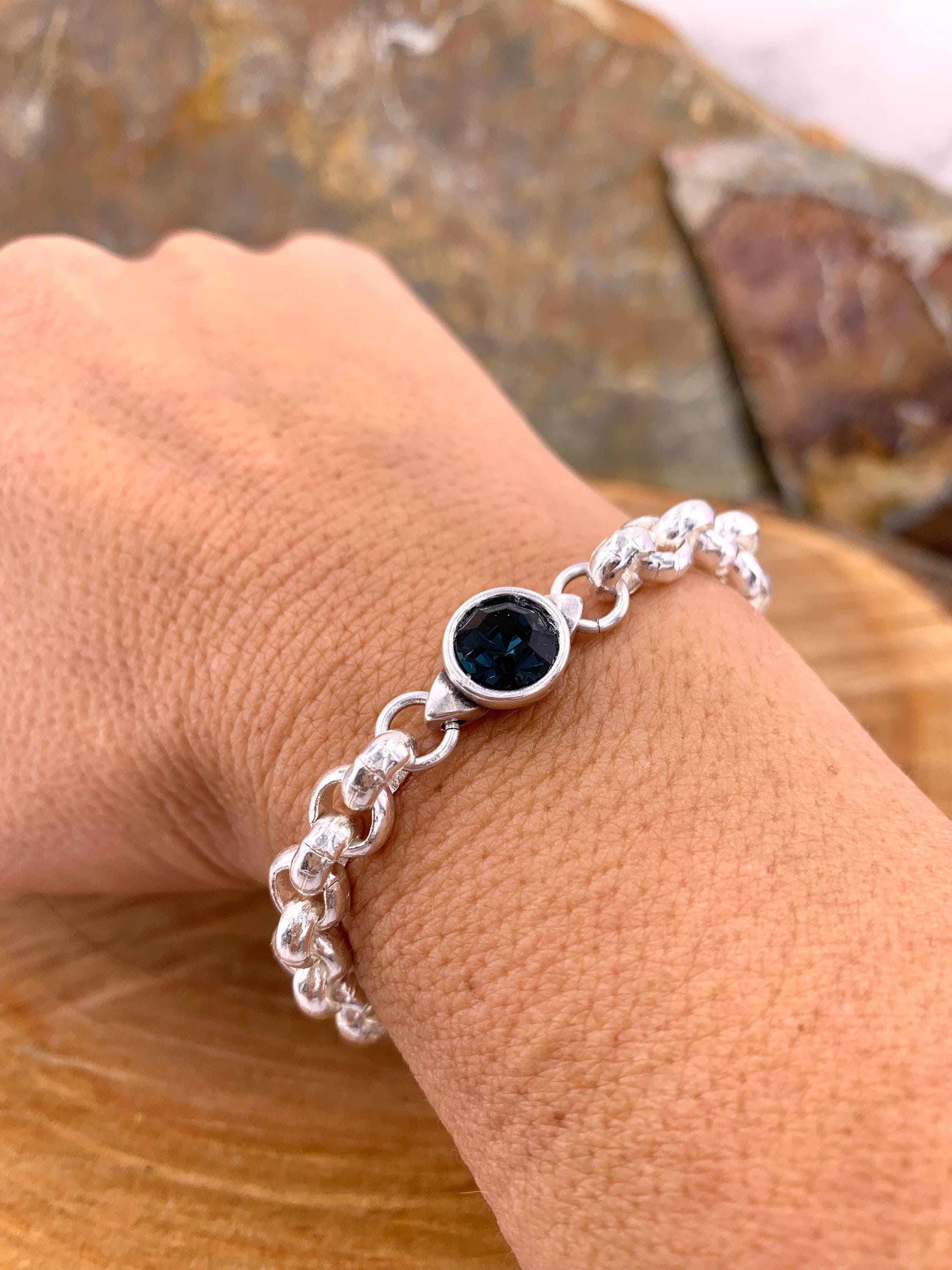 chunky silver chain bracelet with Swarovsky Crystal central piece, custom bold jewelry