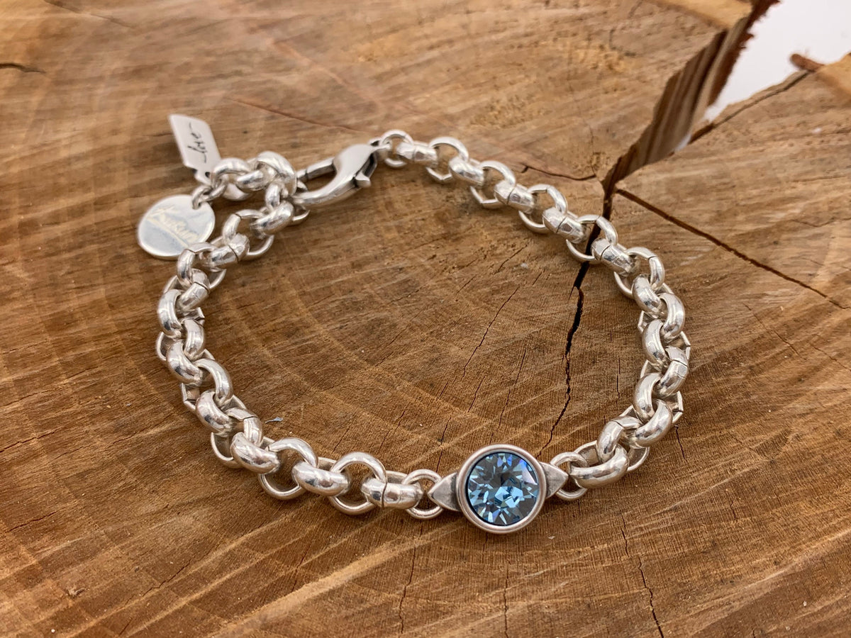 chunky silver chain bracelet with Swarovsky Crystal central piece, custom bold jewelry