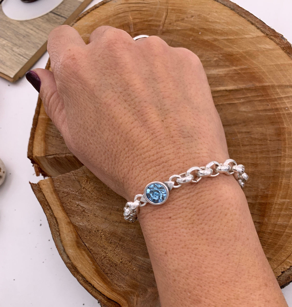 chunky silver chain bracelet with Swarovsky Crystal central piece, custom bold jewelry