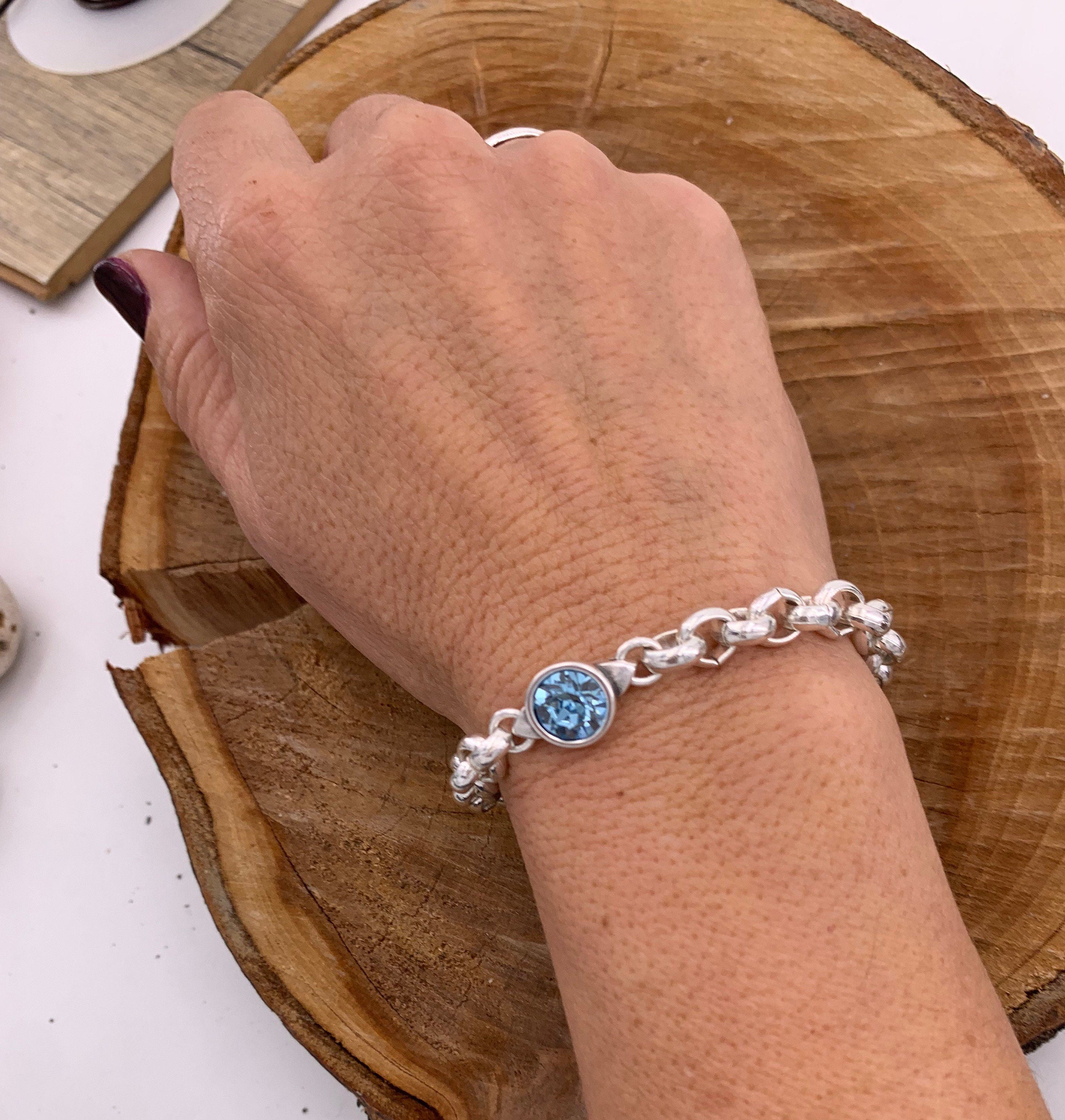 chunky silver chain bracelet with Swarovsky Crystal central piece, custom bold jewelry