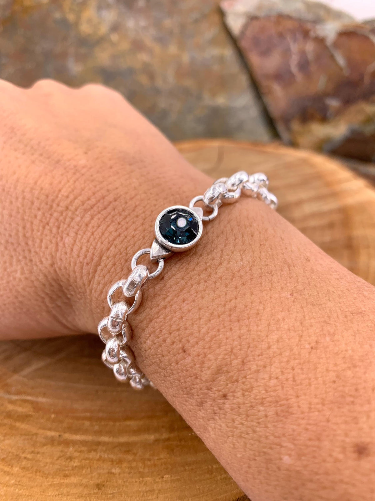 chunky silver chain bracelet with Swarovsky Crystal central piece, custom bold jewelry