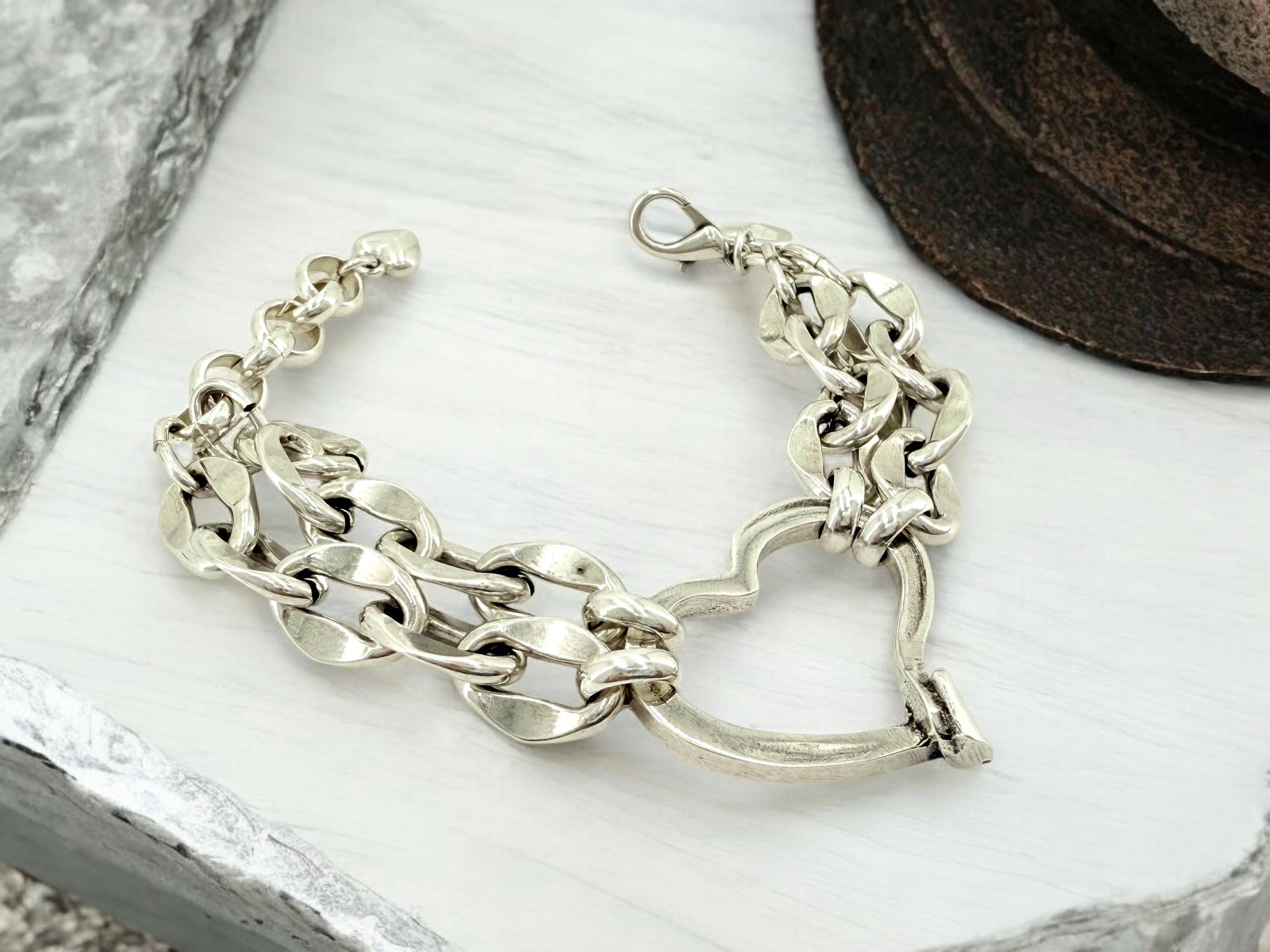 Double standard Chunky Silver chain heart-shaped bracelet, bold link bracelet, heavyweight chain bracelet, thick bracelet, ,