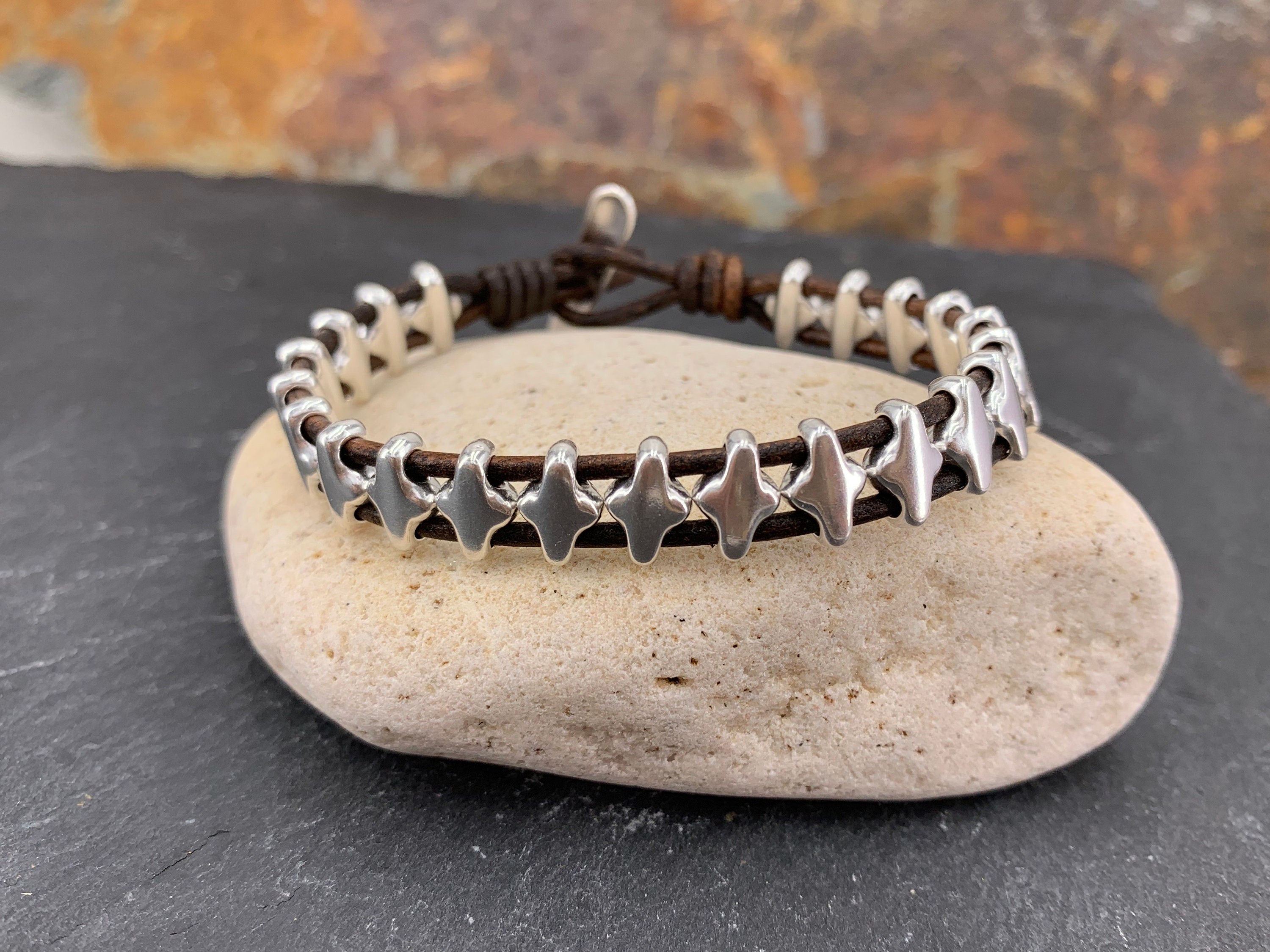 leather bracelet for men, silver beaded leather bracelet, silver beads bracelet, surf bracelet, bohemian men bracelet, gift for men, men’s
