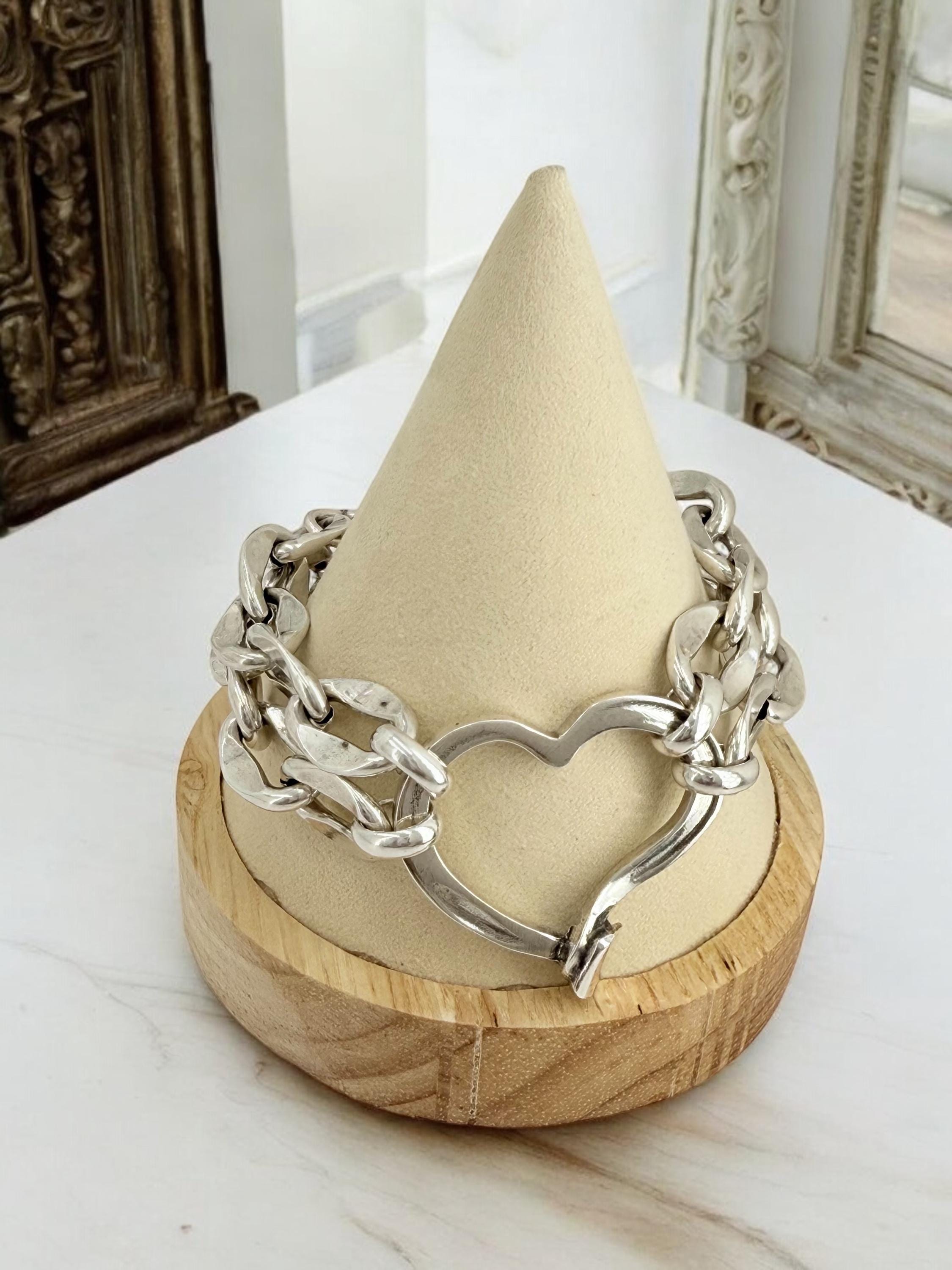 Double standard Chunky Silver chain heart-shaped bracelet, bold link bracelet, heavyweight chain bracelet, thick bracelet, ,