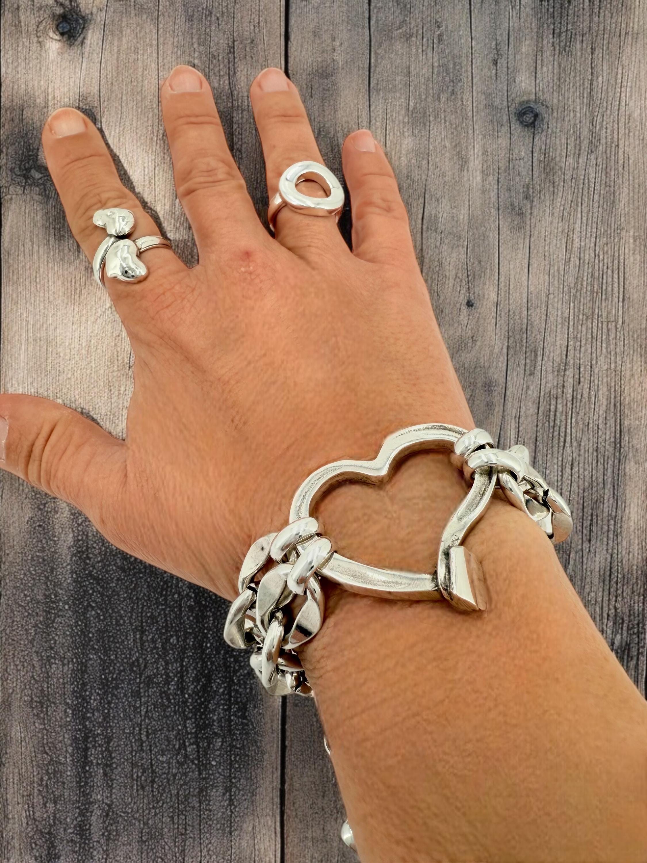 Double standard Chunky Silver chain heart-shaped bracelet, bold link bracelet, heavyweight chain bracelet, thick bracelet, ,