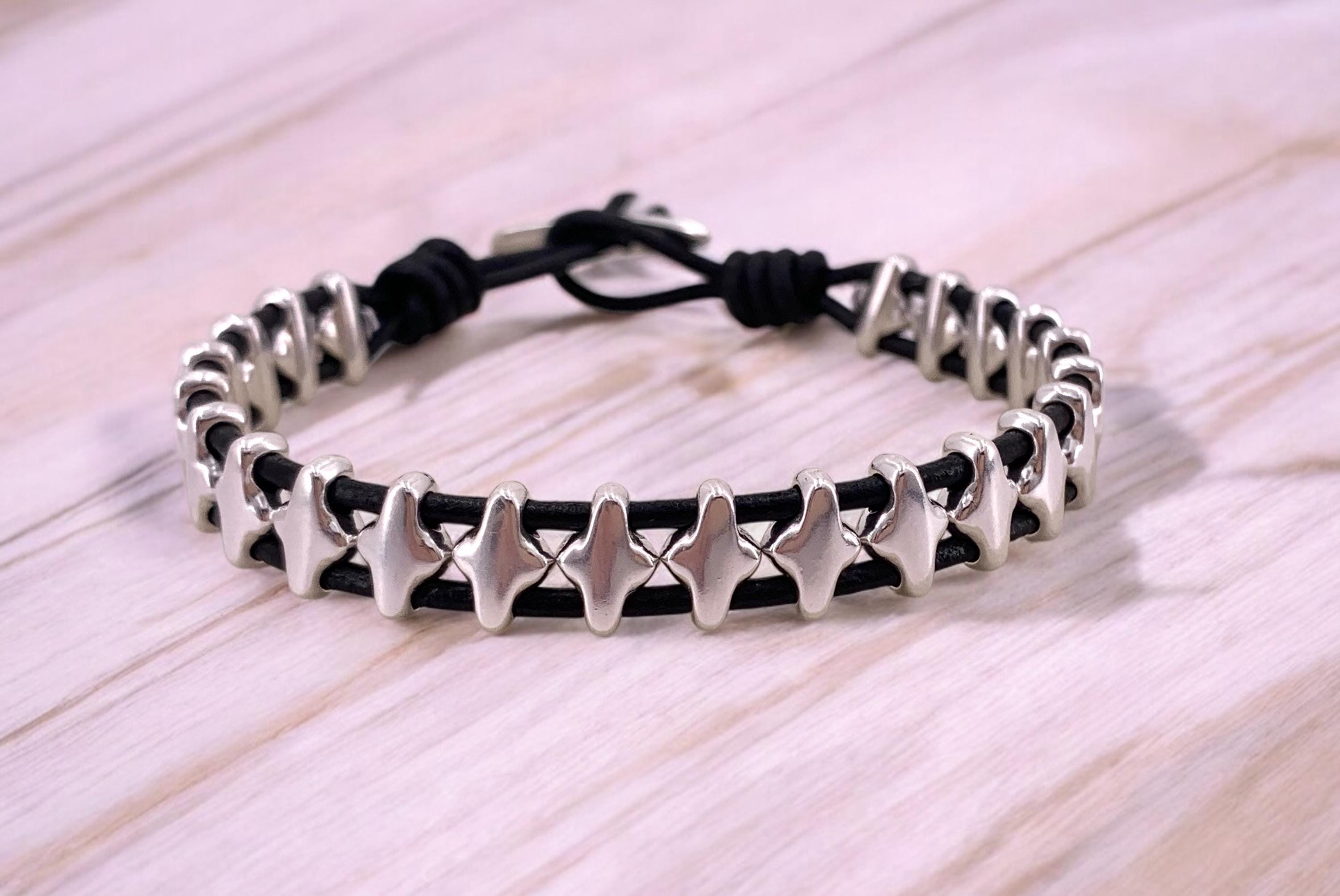 leather bracelet for men, silver beaded leather bracelet, silver beads bracelet, surf bracelet, bohemian men bracelet, gift for men, men’s