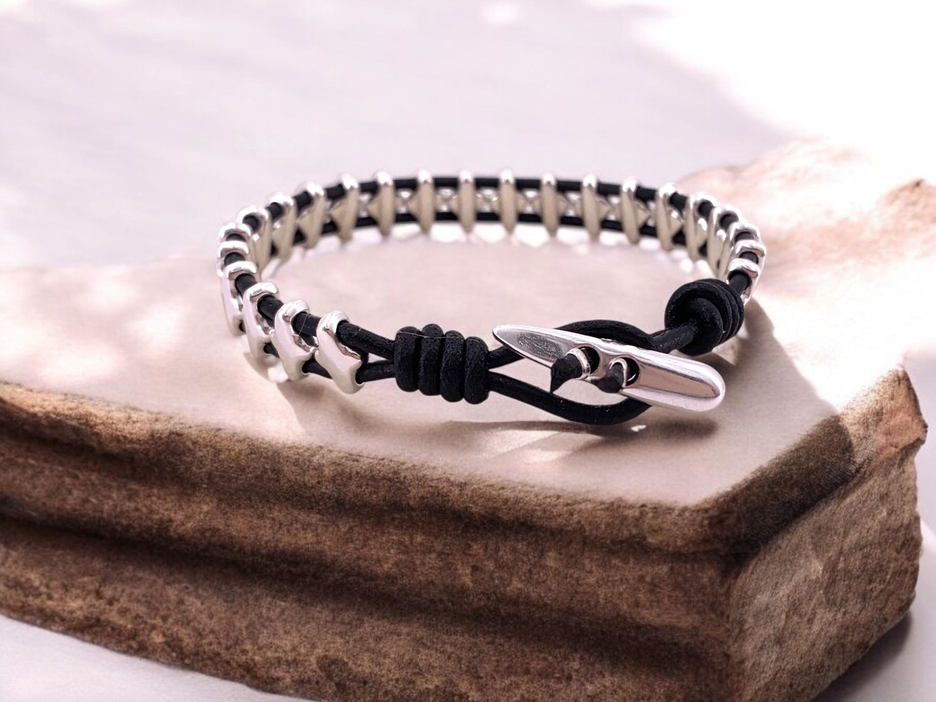 leather bracelet for men, silver beaded leather bracelet, silver beads bracelet, surf bracelet, bohemian men bracelet, gift for men, men’s