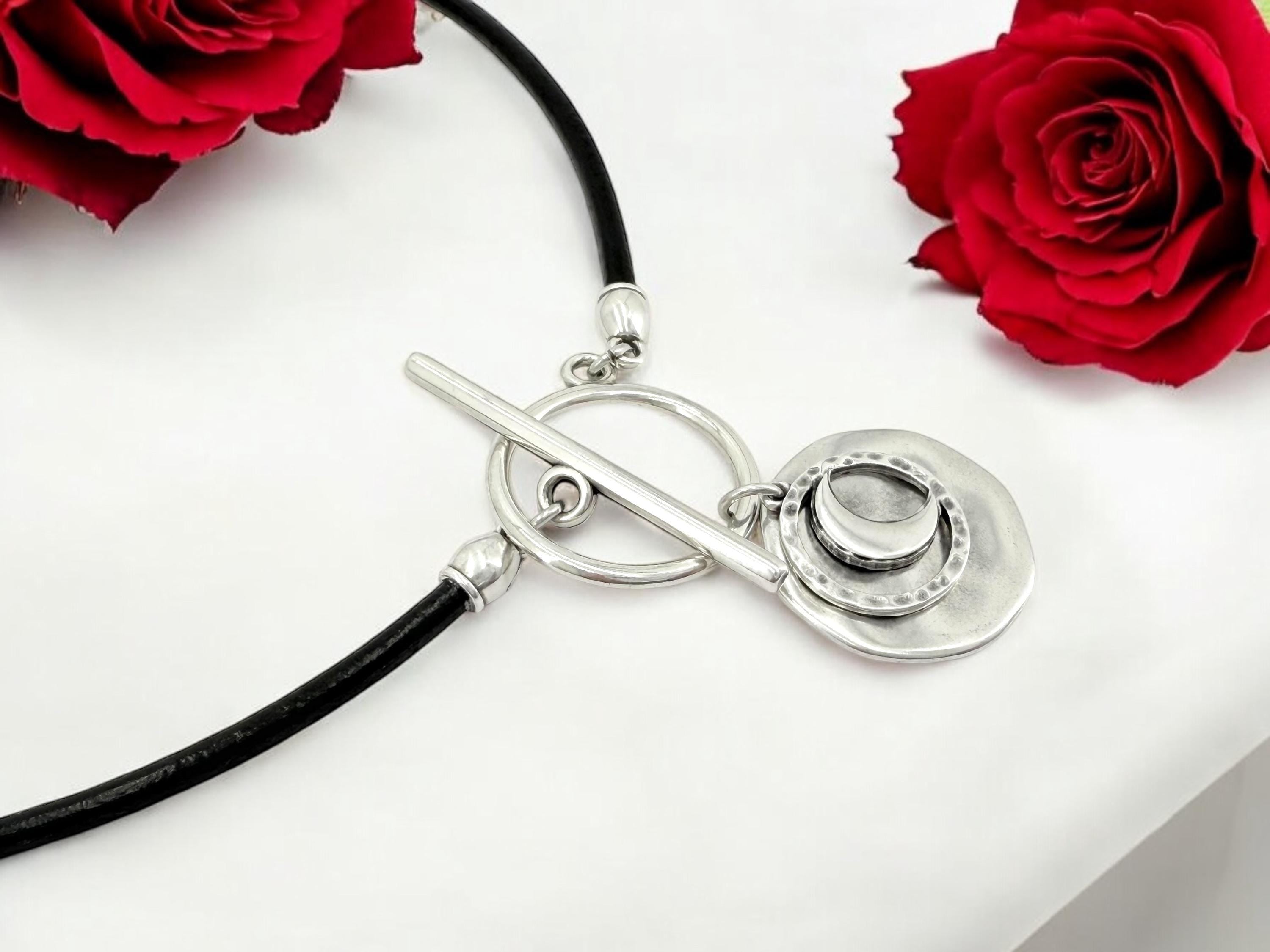Silver Moon & Circle Leather Necklace , Chunky Toggle Clasp Choker