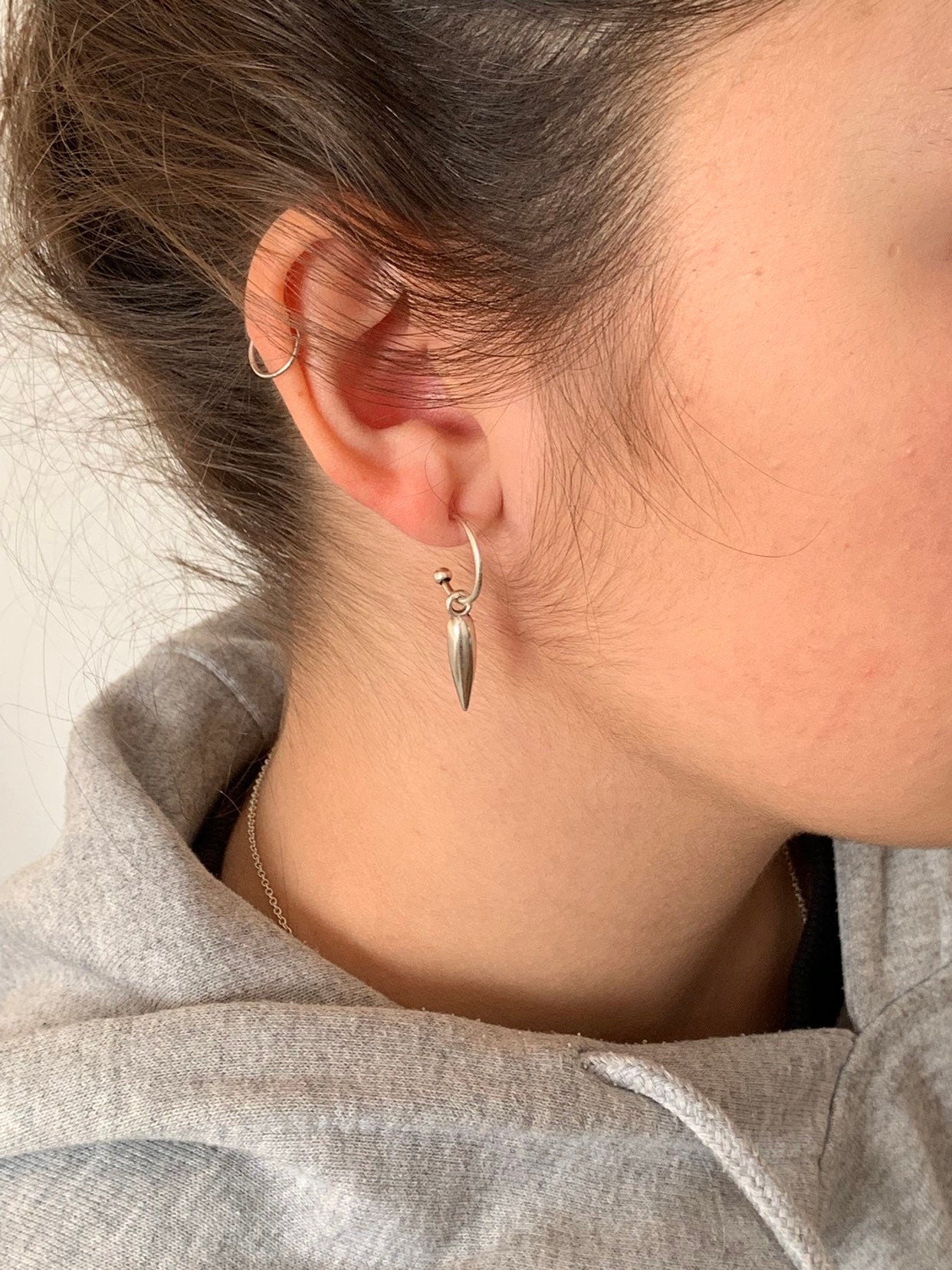 Silver Spike Hoop Earrings, Dainty Huggie Hoops with Pointed Charm, Minimalist Edgy Jewelry, Sterling Silver Plated.