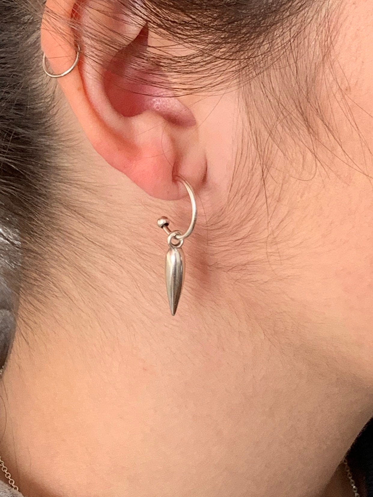 Silver Spike Hoop Earrings, Dainty Huggie Hoops with Pointed Charm, Minimalist Edgy Jewelry, Sterling Silver Plated.
