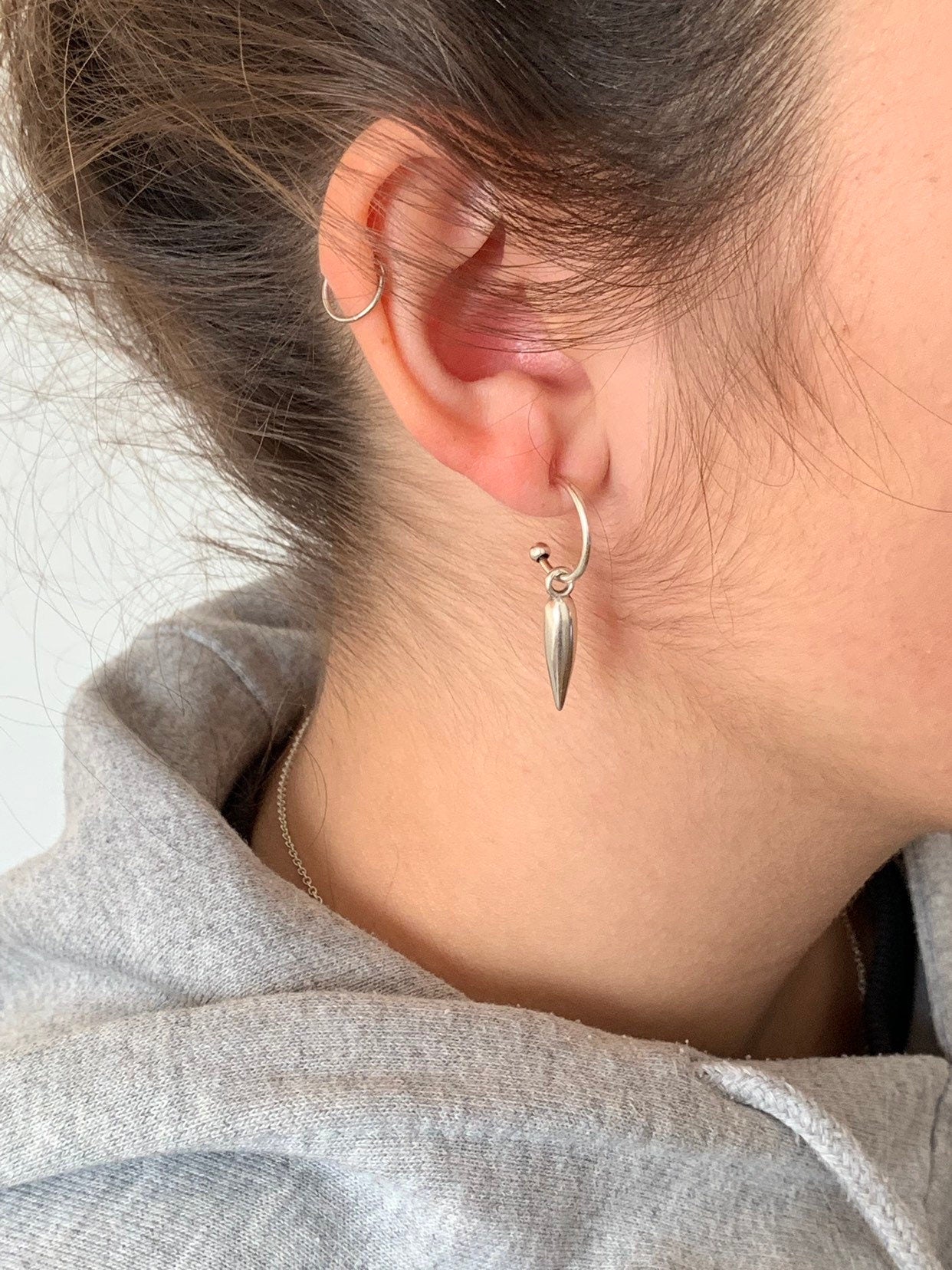 Silver Spike Hoop Earrings, Dainty Huggie Hoops with Pointed Charm, Minimalist Edgy Jewelry, Sterling Silver Plated.