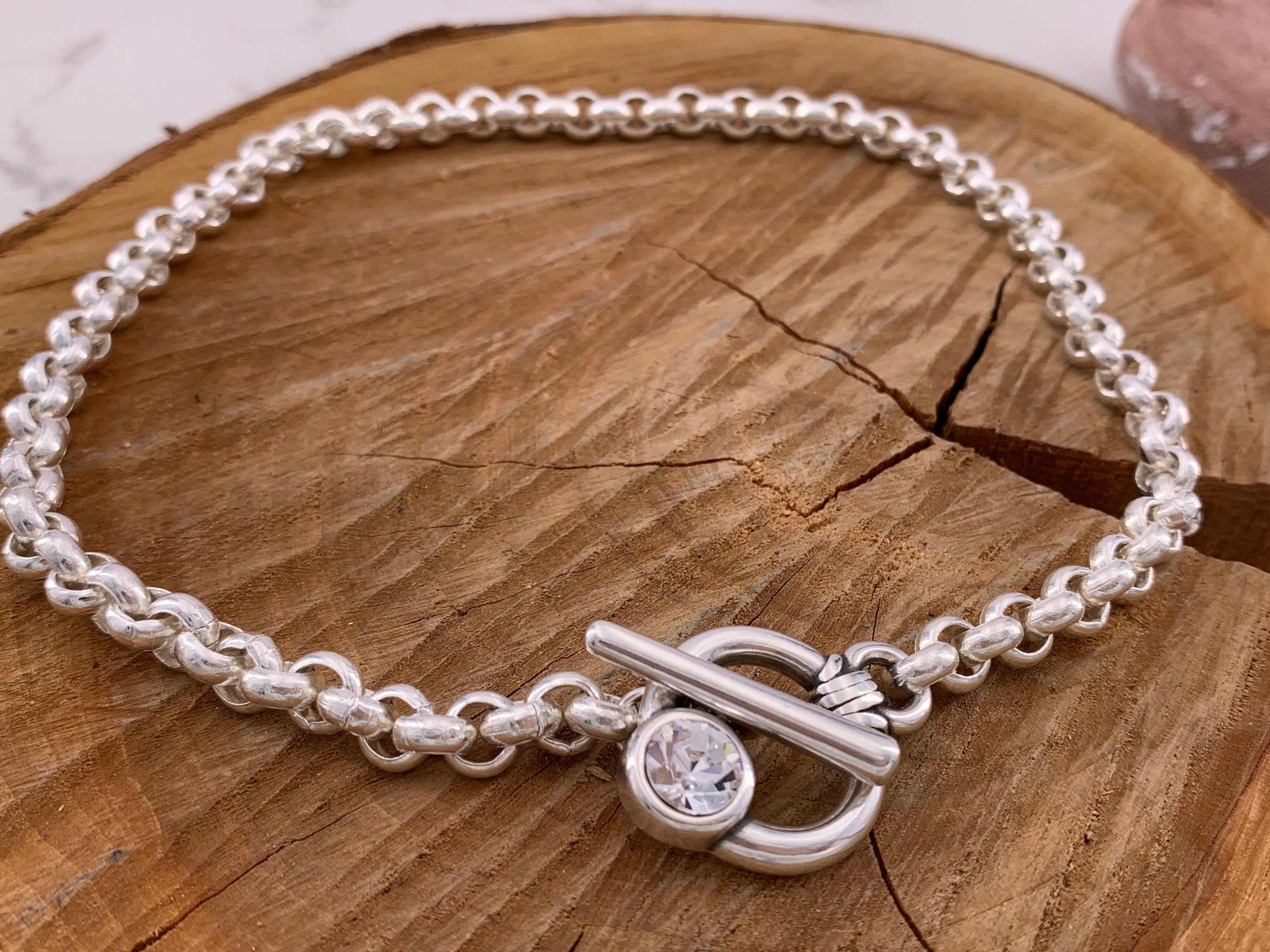 Chunky silver plated chain toggle clasp necklace with Swarovski crystal, bold custom jewelry
