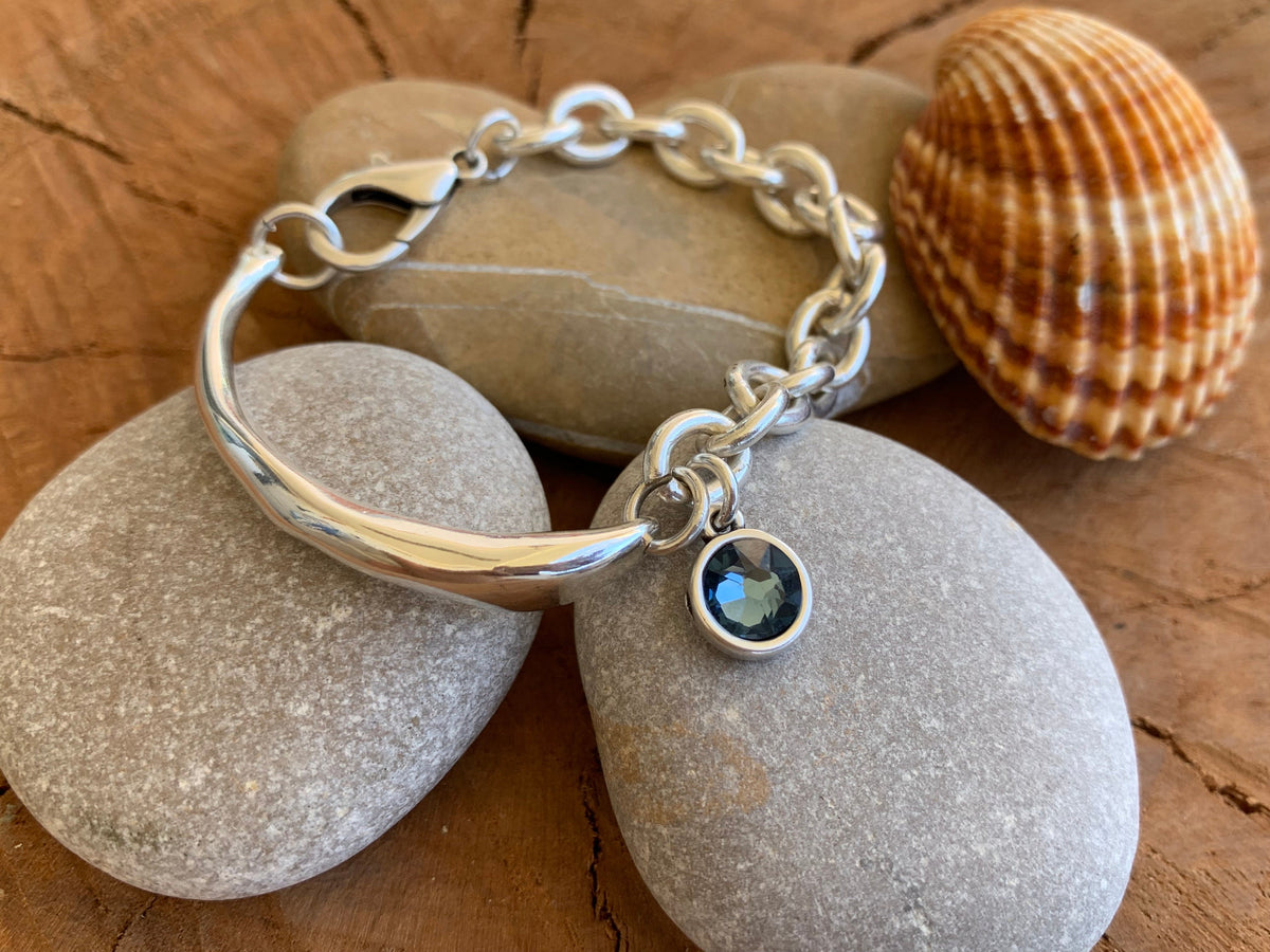 Half-Cuff Silver Bracelet with Swarovski Crystal Charm – Chunky Chain – Handmade Custom Fit – Kukuri Exclusive - statement jewelry