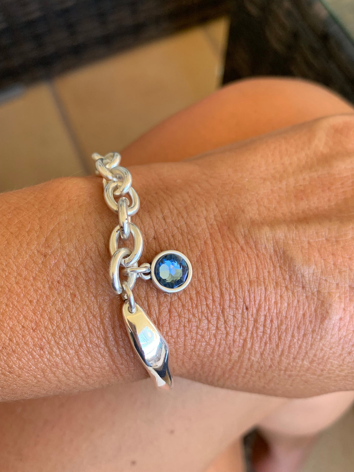Half-Cuff Silver Bracelet with Swarovski Crystal Charm – Chunky Chain – Handmade Custom Fit – Kukuri Exclusive - statement jewelry