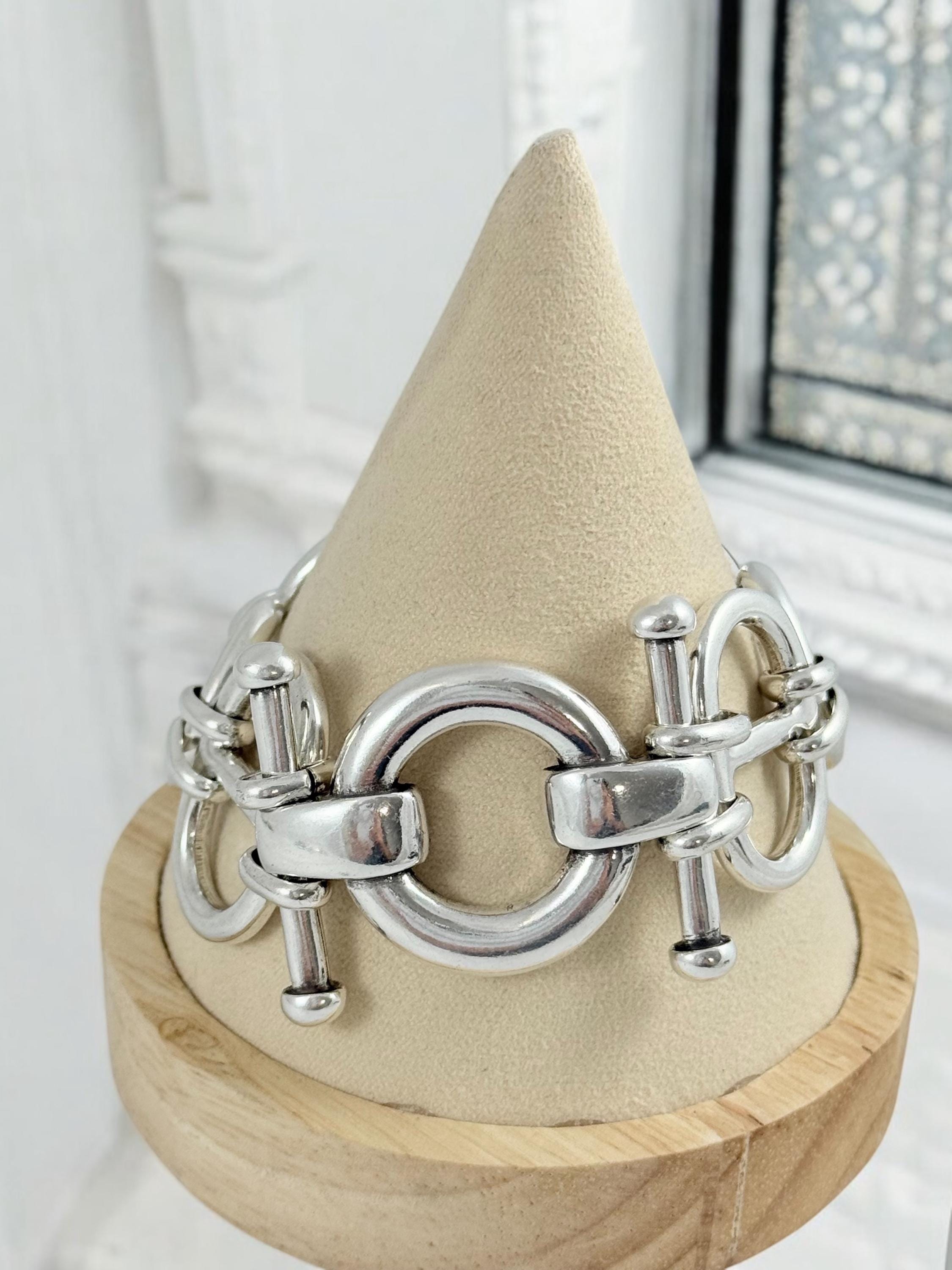 Chunky Silver Bracelet with Mariner (Curb) Links and Geometric central Piece – Bold Sculptural Statement cuff