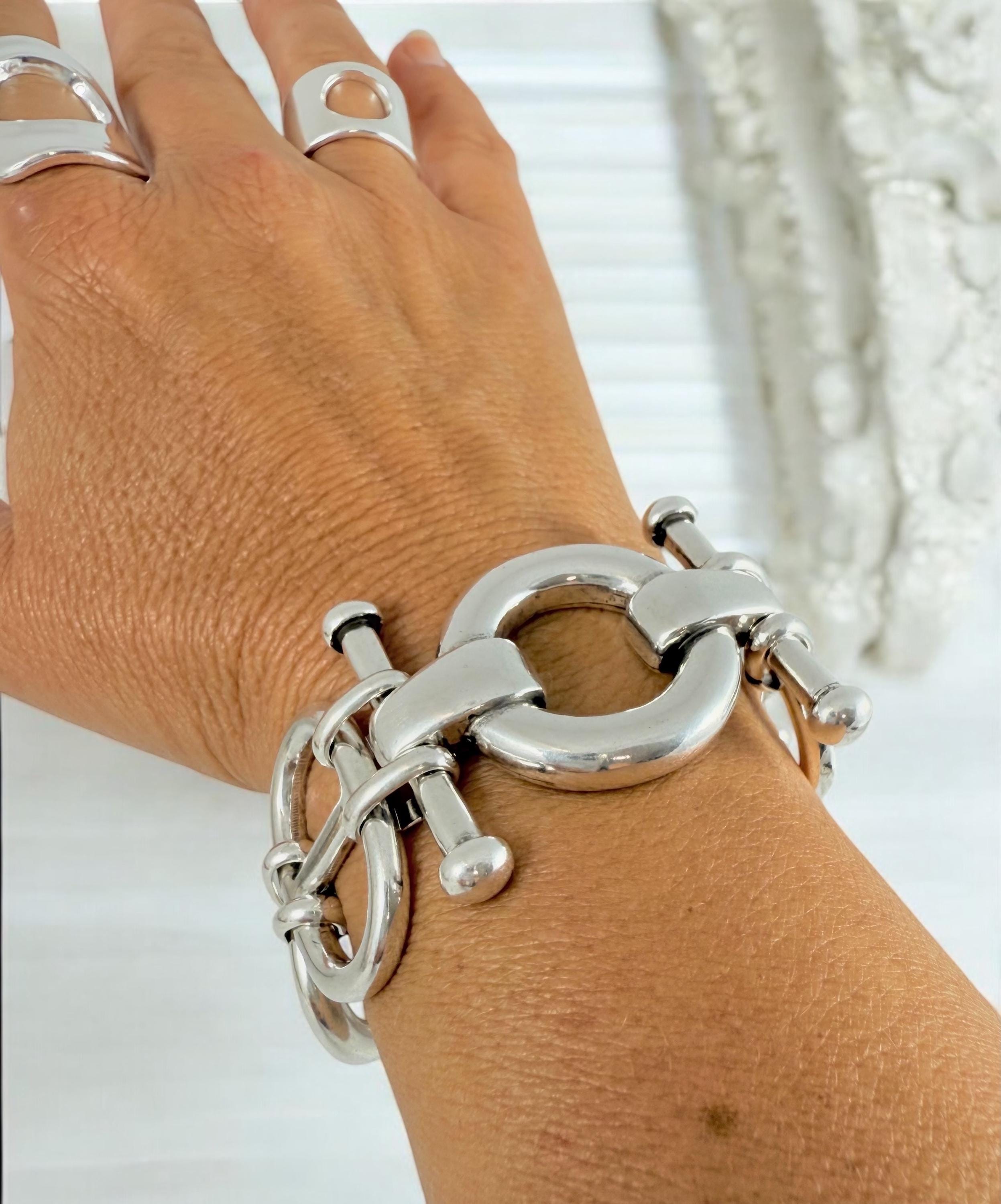 Chunky Silver Bracelet with Mariner (Curb) Links and Geometric central Piece – Bold Sculptural Statement cuff
