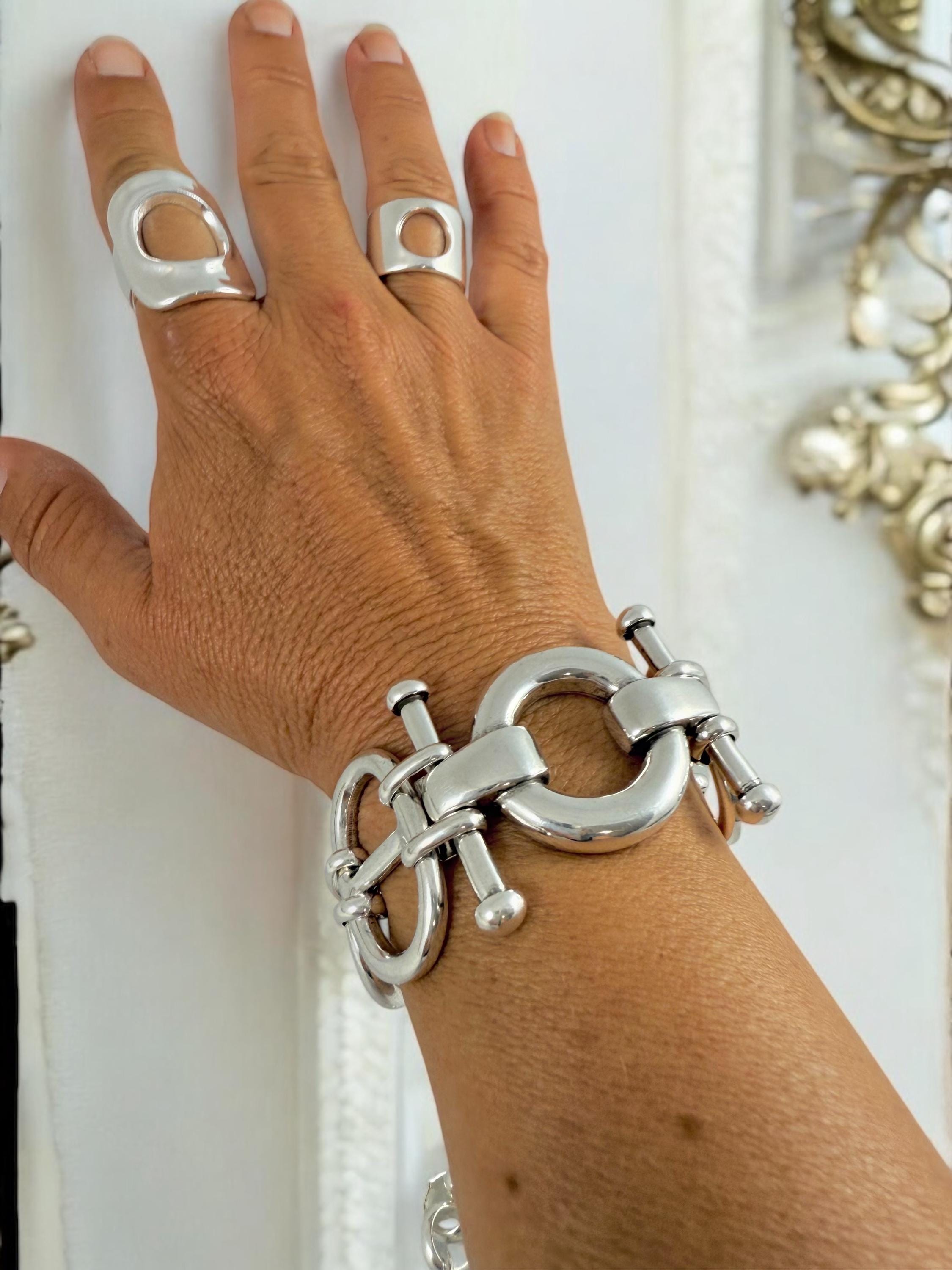 Chunky Silver Bracelet with Mariner (Curb) Links and Geometric central Piece – Bold Sculptural Statement cuff