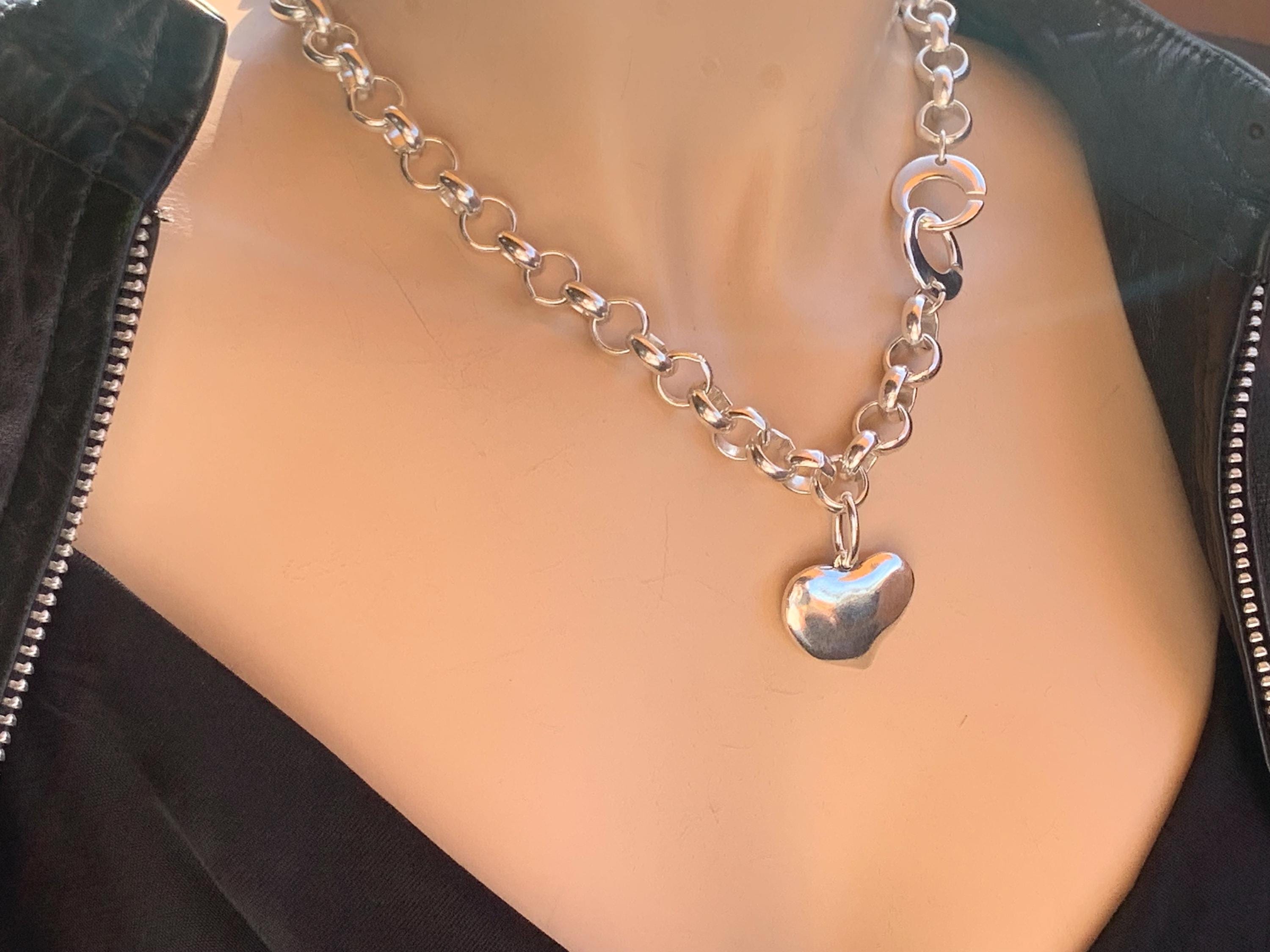 Chunky Silver plated Rolo Chain Necklace with Heart Pendant, customized Choker, Handmade Jewelry