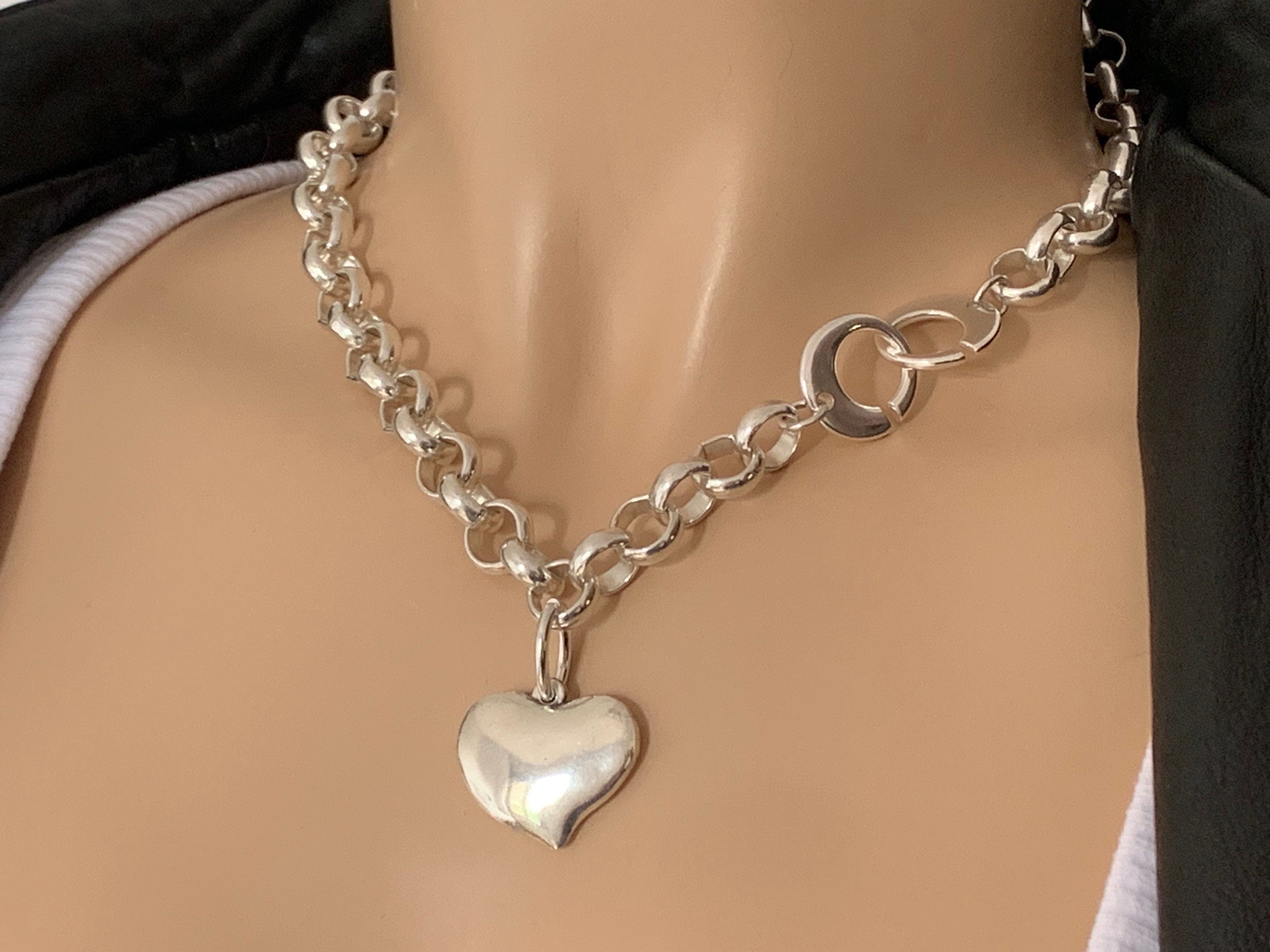 Chunky Silver plated Rolo Chain Necklace with Heart Pendant, customized Choker, Handmade Jewelry