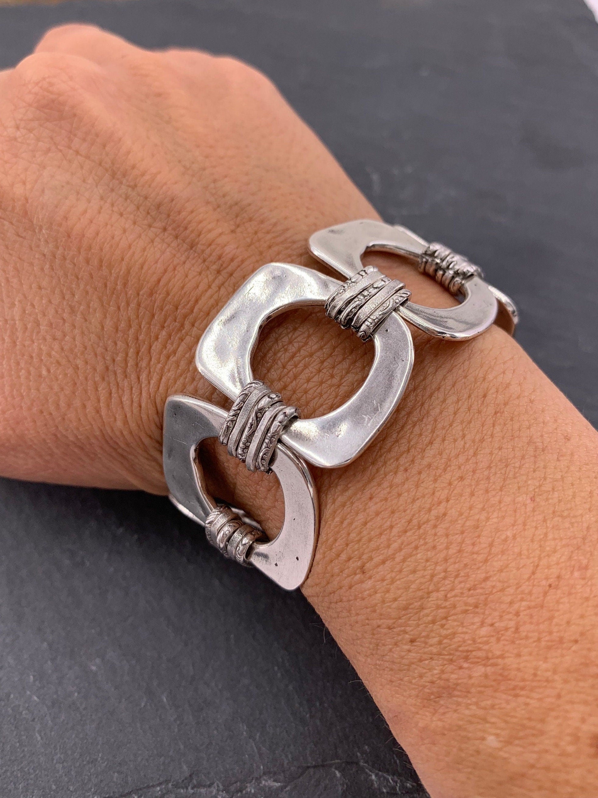 Chunky chain silver geometric bracelet, bold handmade jewelry