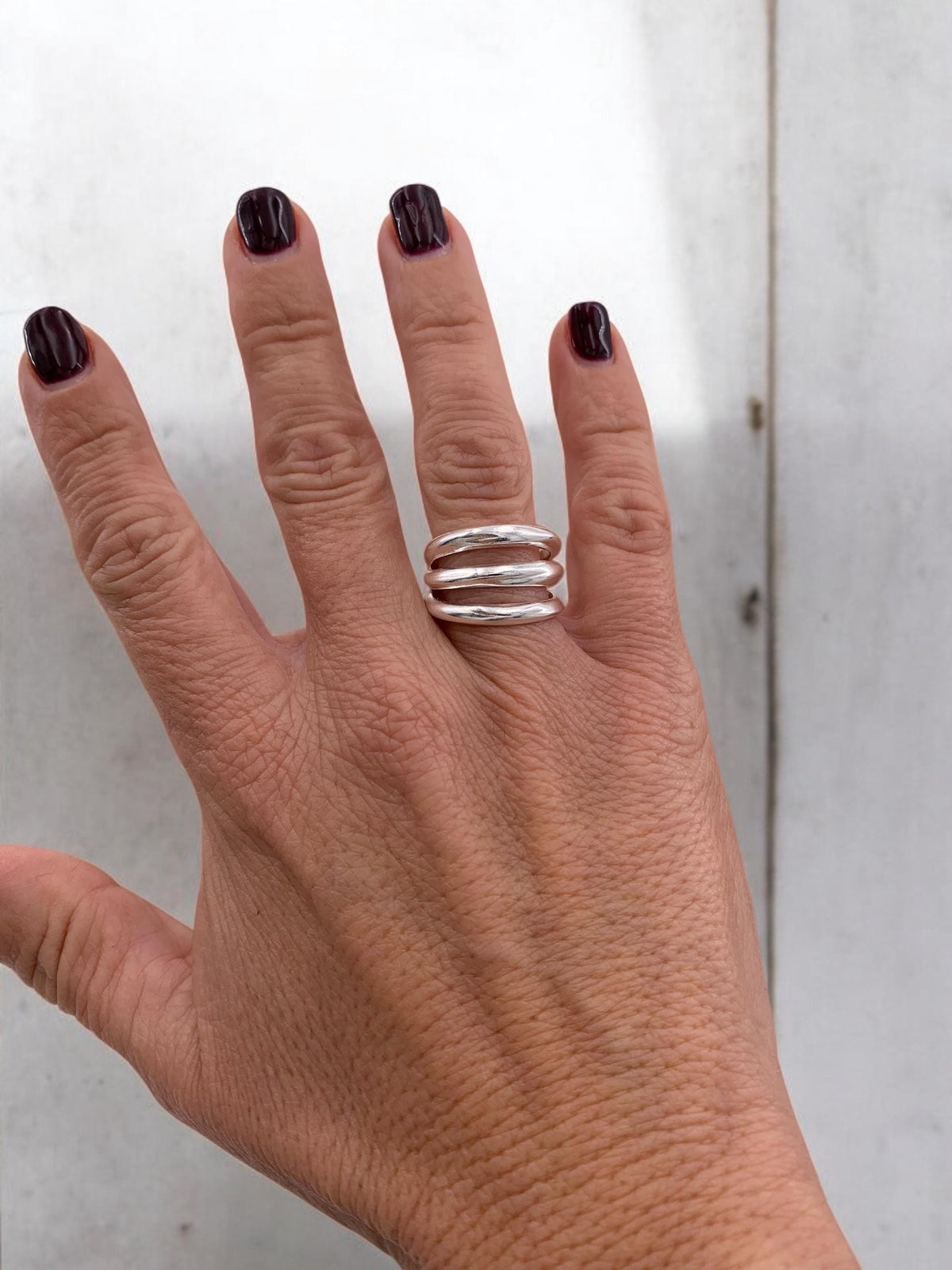 Triple layer silver shiny modern style chunky ring,  ideal for a unique birthday gift, boho open multi-band ring, bold ring