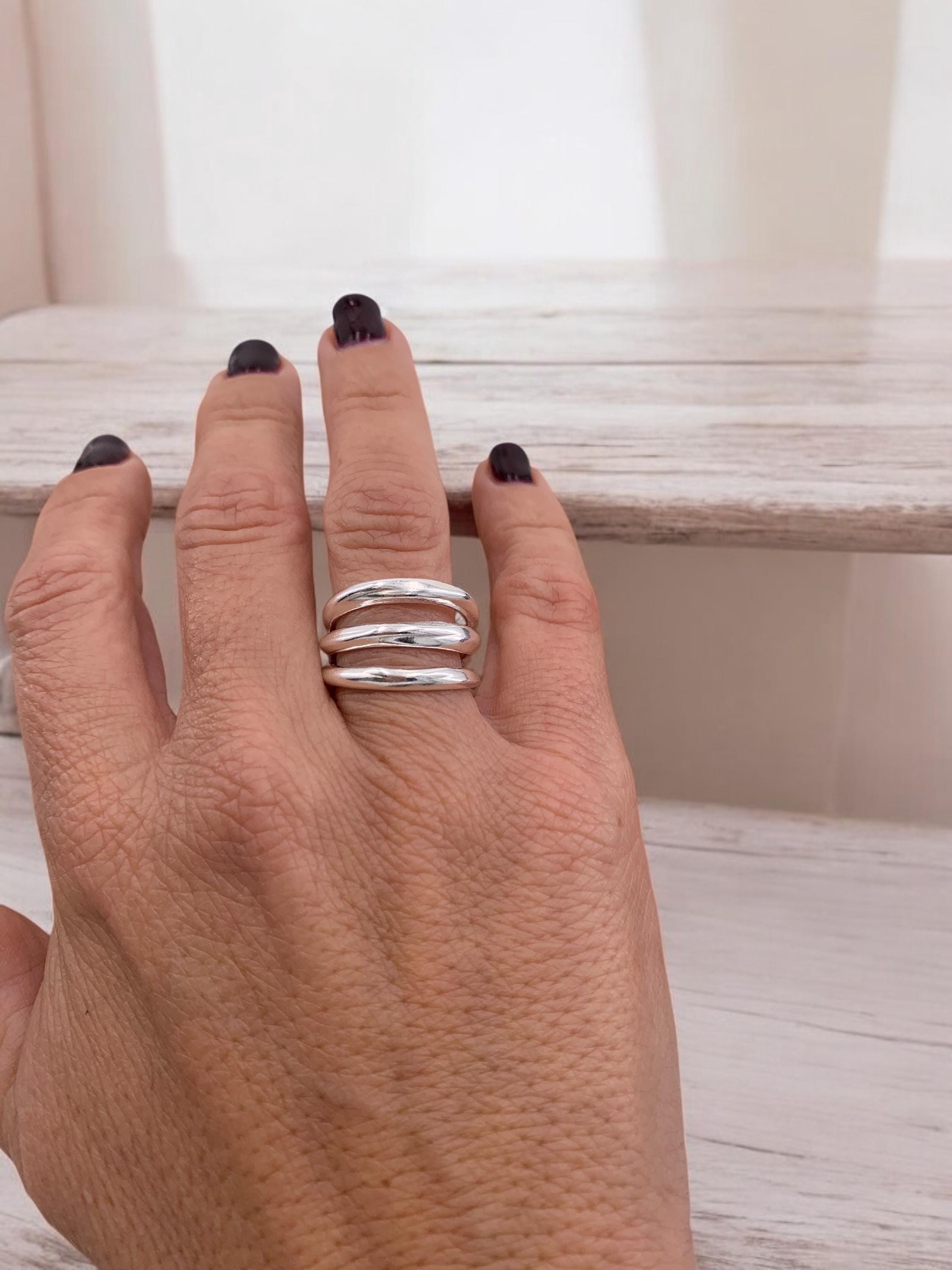 Triple layer silver shiny modern style chunky ring,  ideal for a unique birthday gift, boho open multi-band ring, bold ring