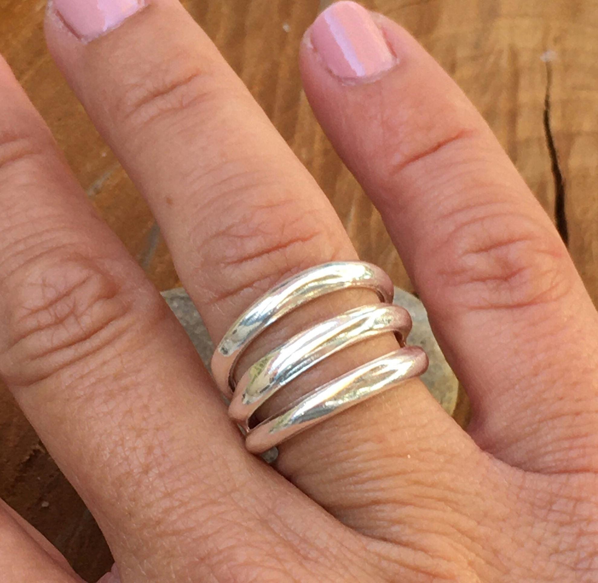 Triple layer silver shiny modern style chunky ring,  ideal for a unique birthday gift, boho open multi-band ring, bold ring