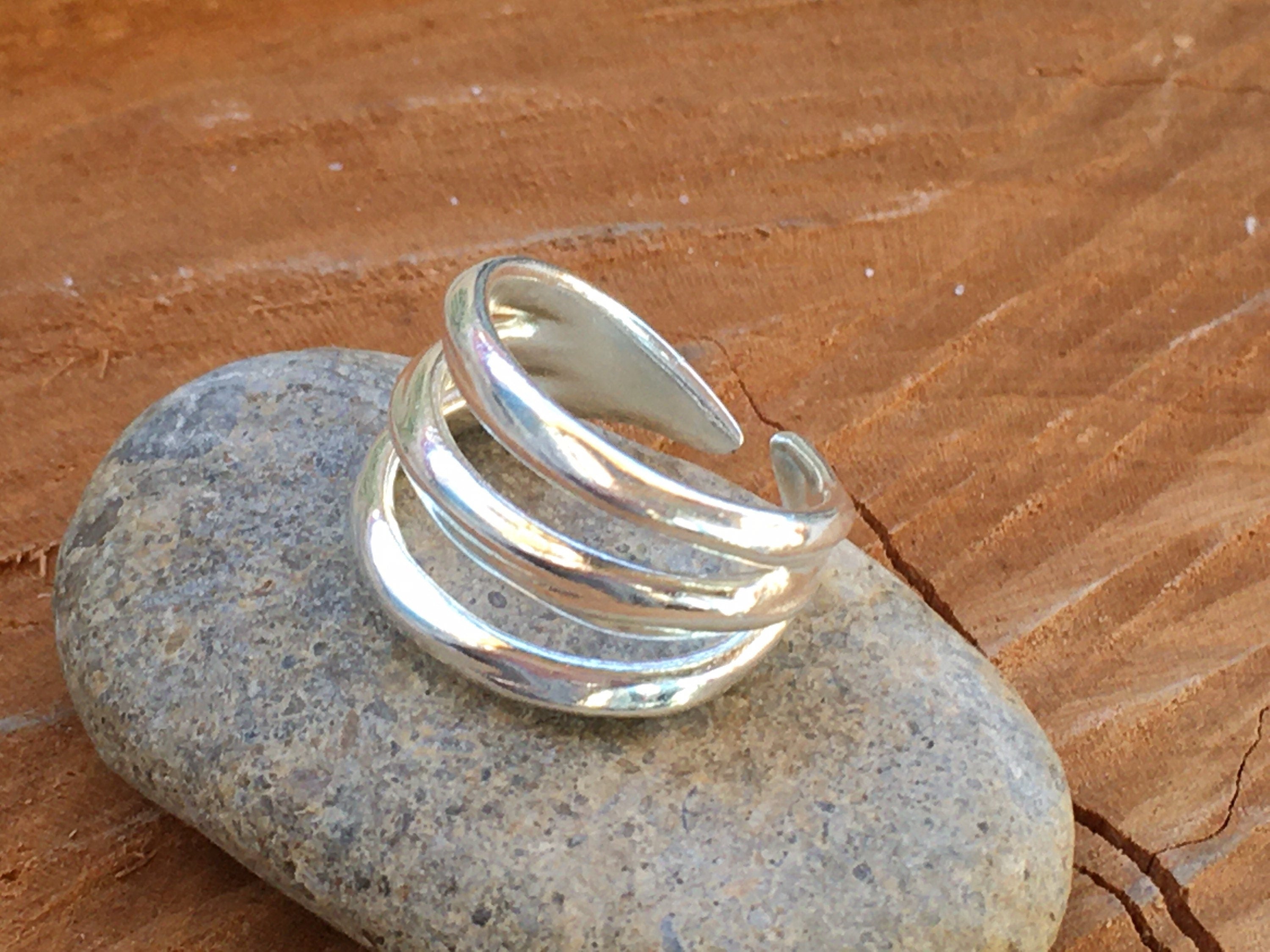 Triple layer silver shiny modern style chunky ring,  ideal for a unique birthday gift, boho open multi-band ring, bold ring