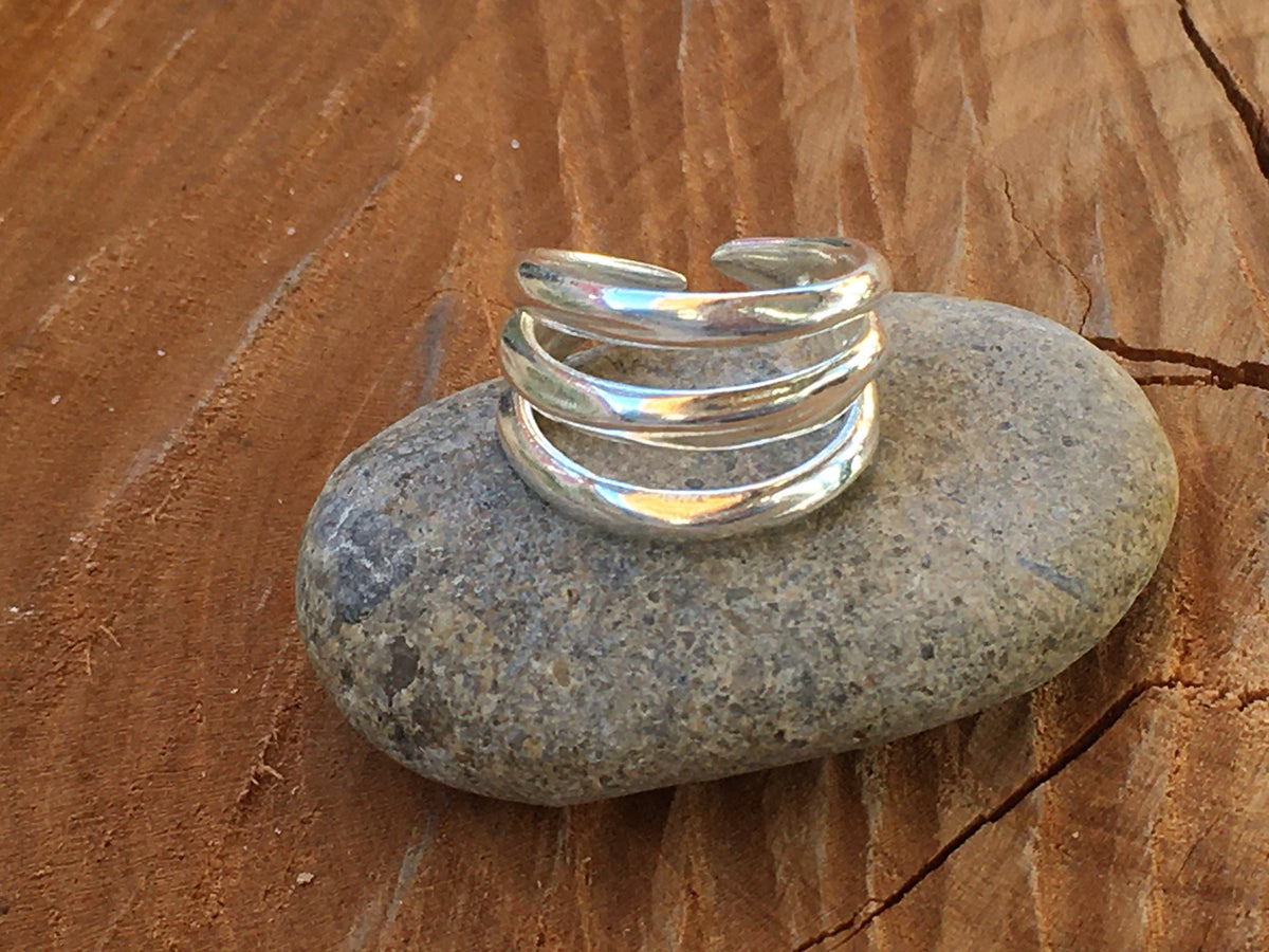 Triple layer silver shiny modern style chunky ring,  ideal for a unique birthday gift, boho open multi-band ring, bold ring