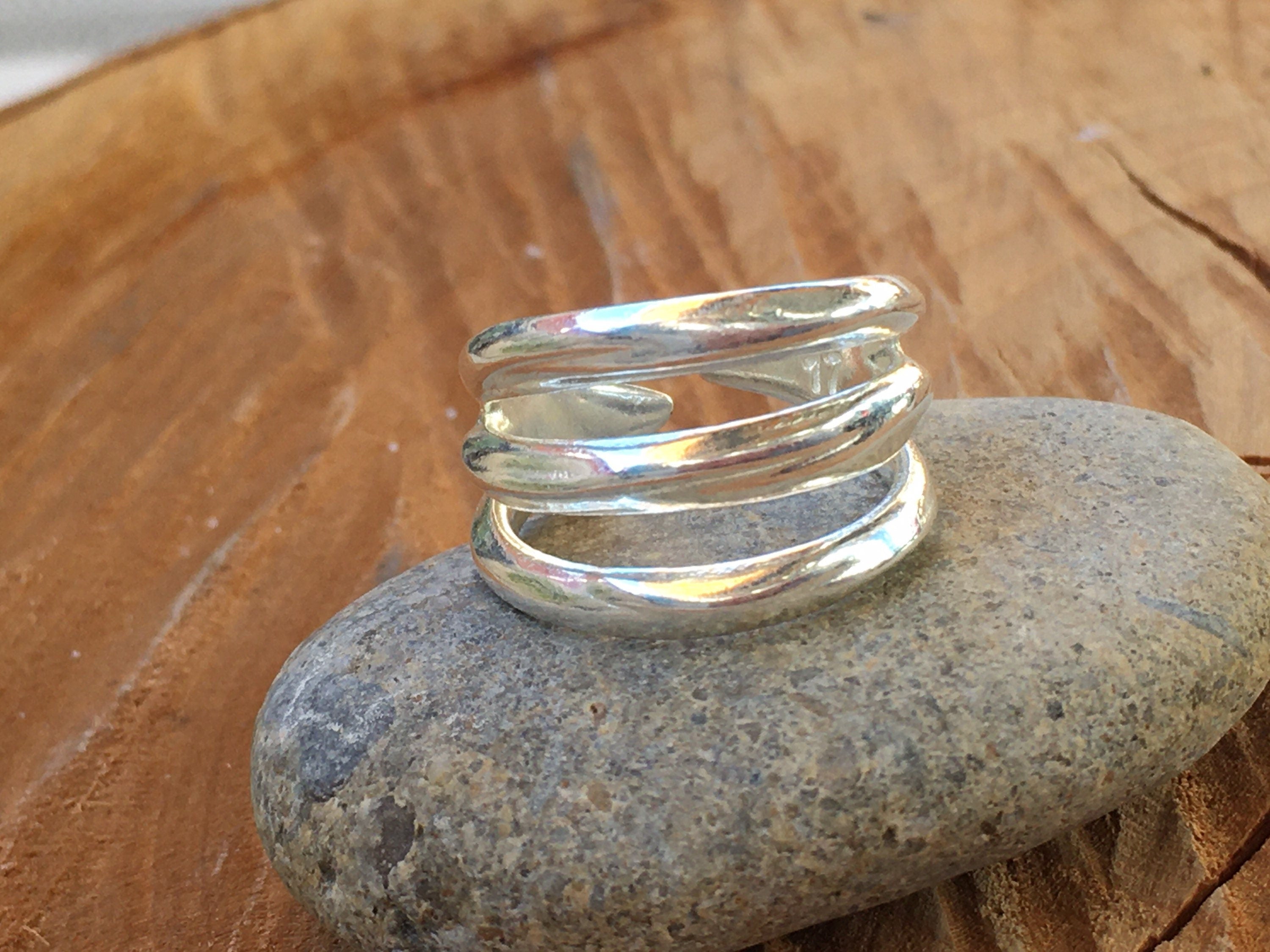 Triple layer silver shiny modern style chunky ring,  ideal for a unique birthday gift, boho open multi-band ring, bold ring