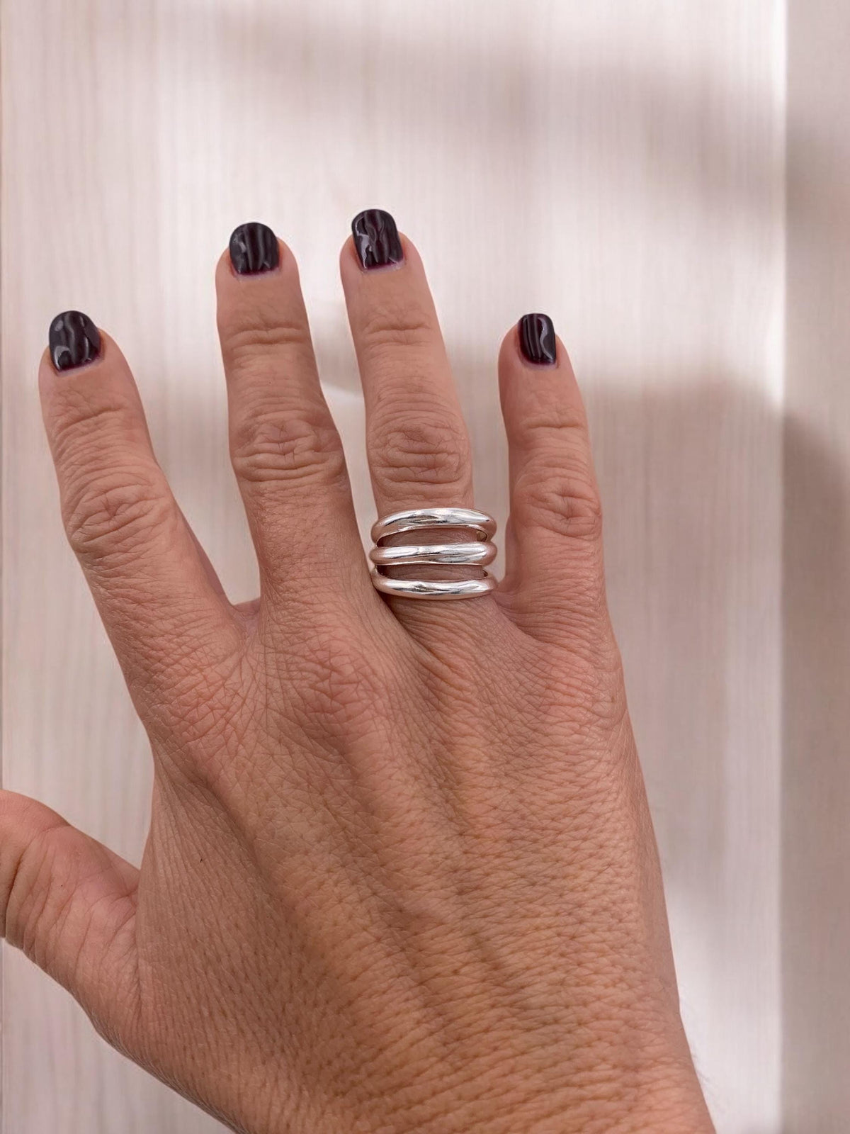 Triple layer silver shiny modern style chunky ring,  ideal for a unique birthday gift, boho open multi-band ring, bold ring