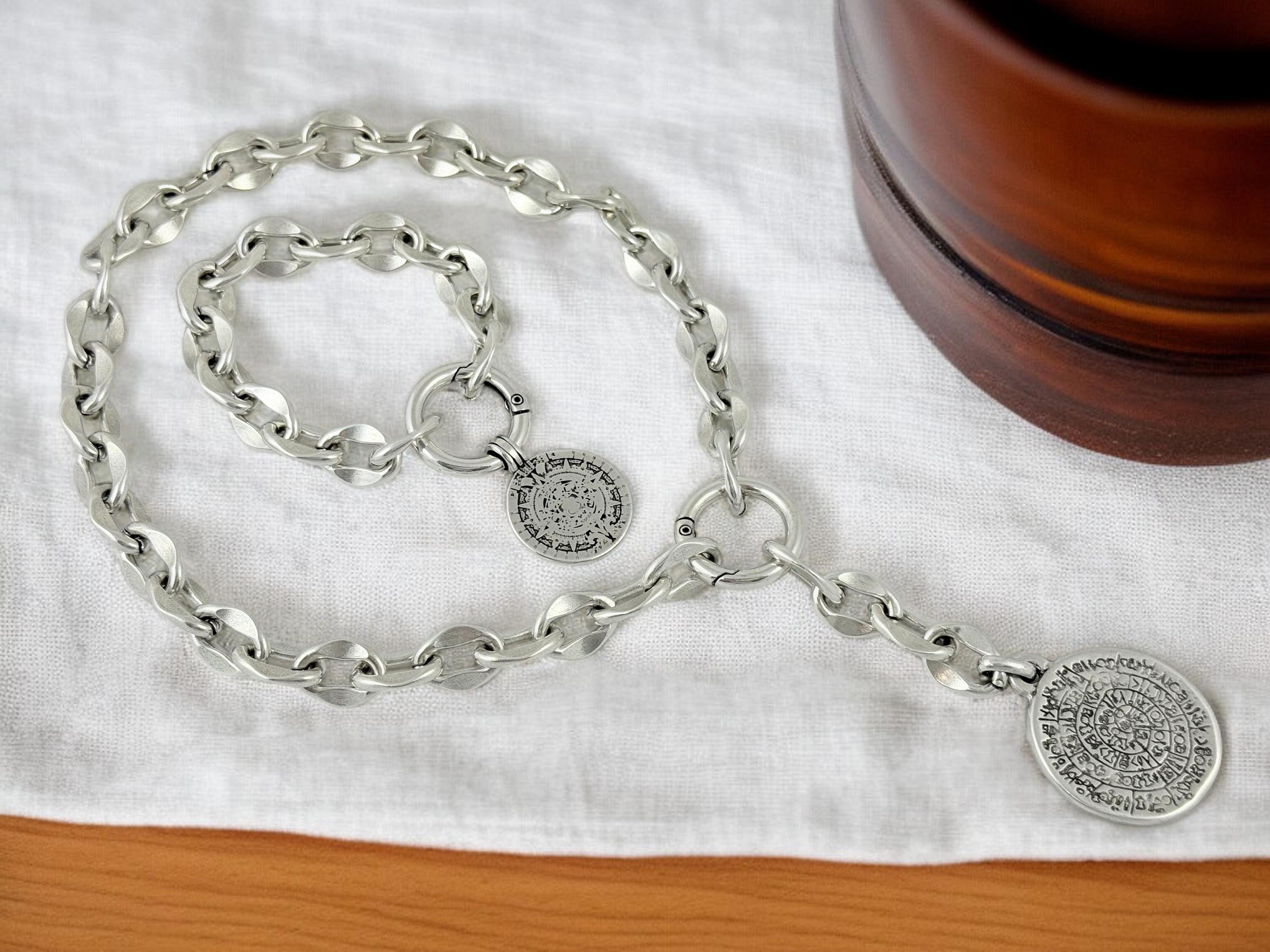 Silver chunky chain Lariat necklace with antique symbol coin pendant, Statement handmade jewelry