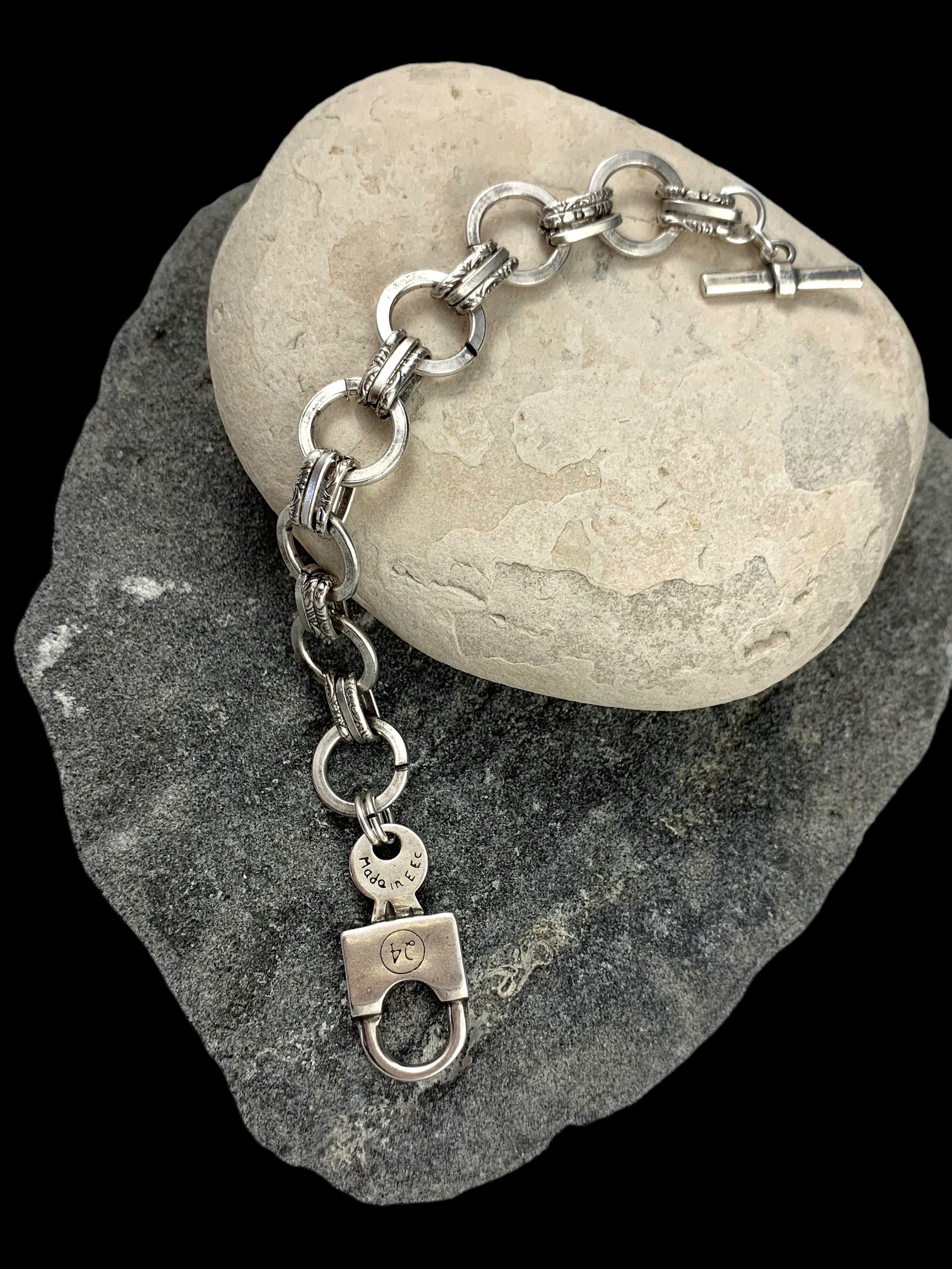 Chunky Silver Chain Bracelet – Circular Bold Link – Padlock Toggle Clasp – Industrial Statement