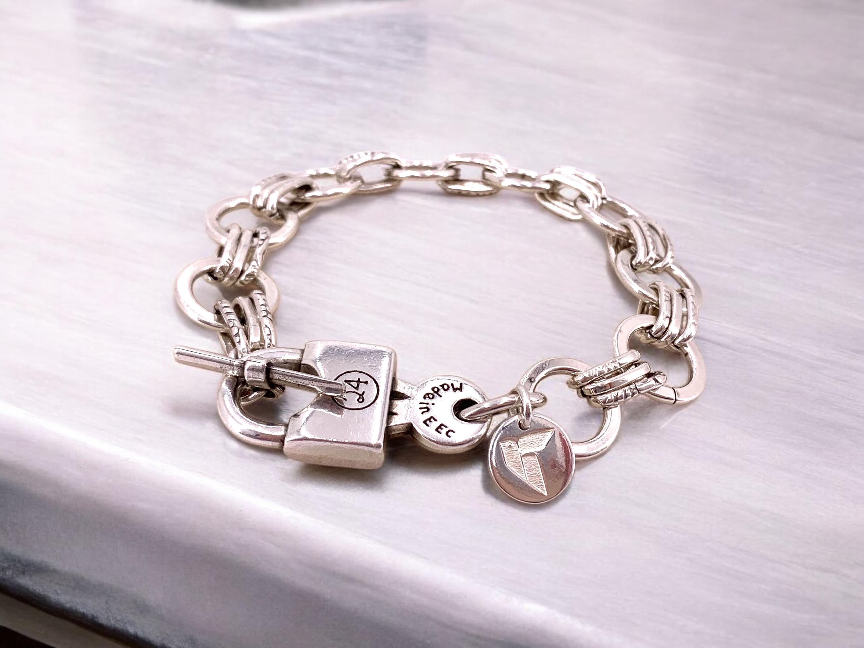 Chunky Silver Chain Bracelet – Circular Bold Link – Padlock Toggle Clasp – Industrial Statement