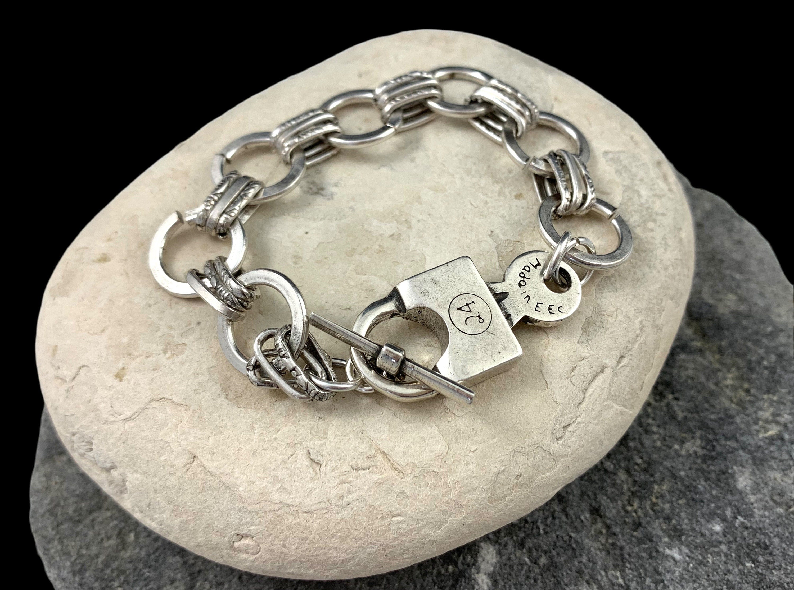 Chunky Silver Chain Bracelet – Circular Bold Link – Padlock Toggle Clasp – Industrial Statement