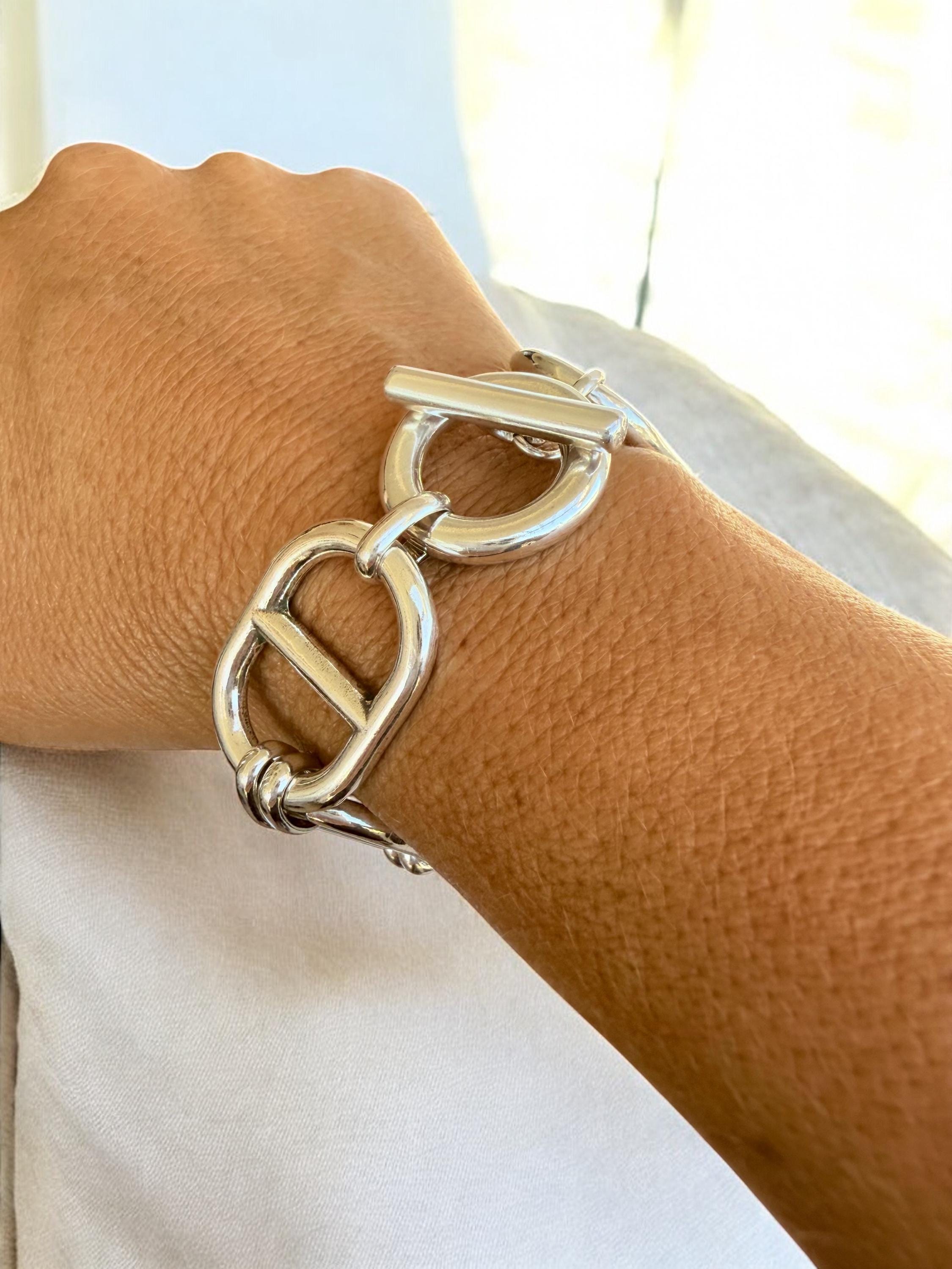 Artisian Chunky Silver plated mariner links Chain Bracelet, toggle Clasp, custom Jewelry