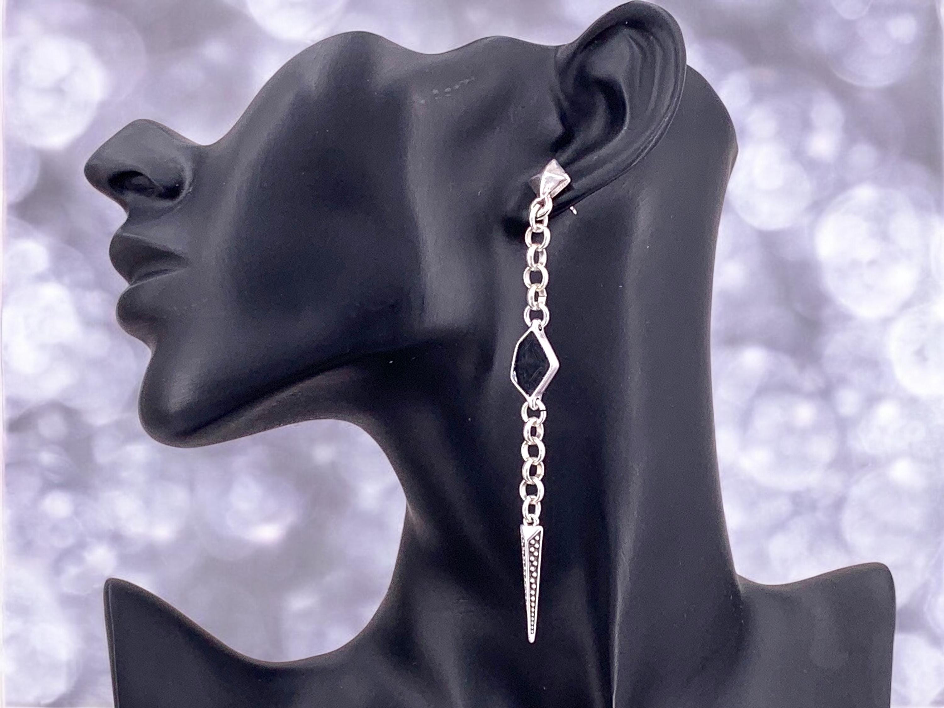 Very long chain earrings with spike pendant, dangling earrings, silver chain earrings, punk earrings, , unique design earring