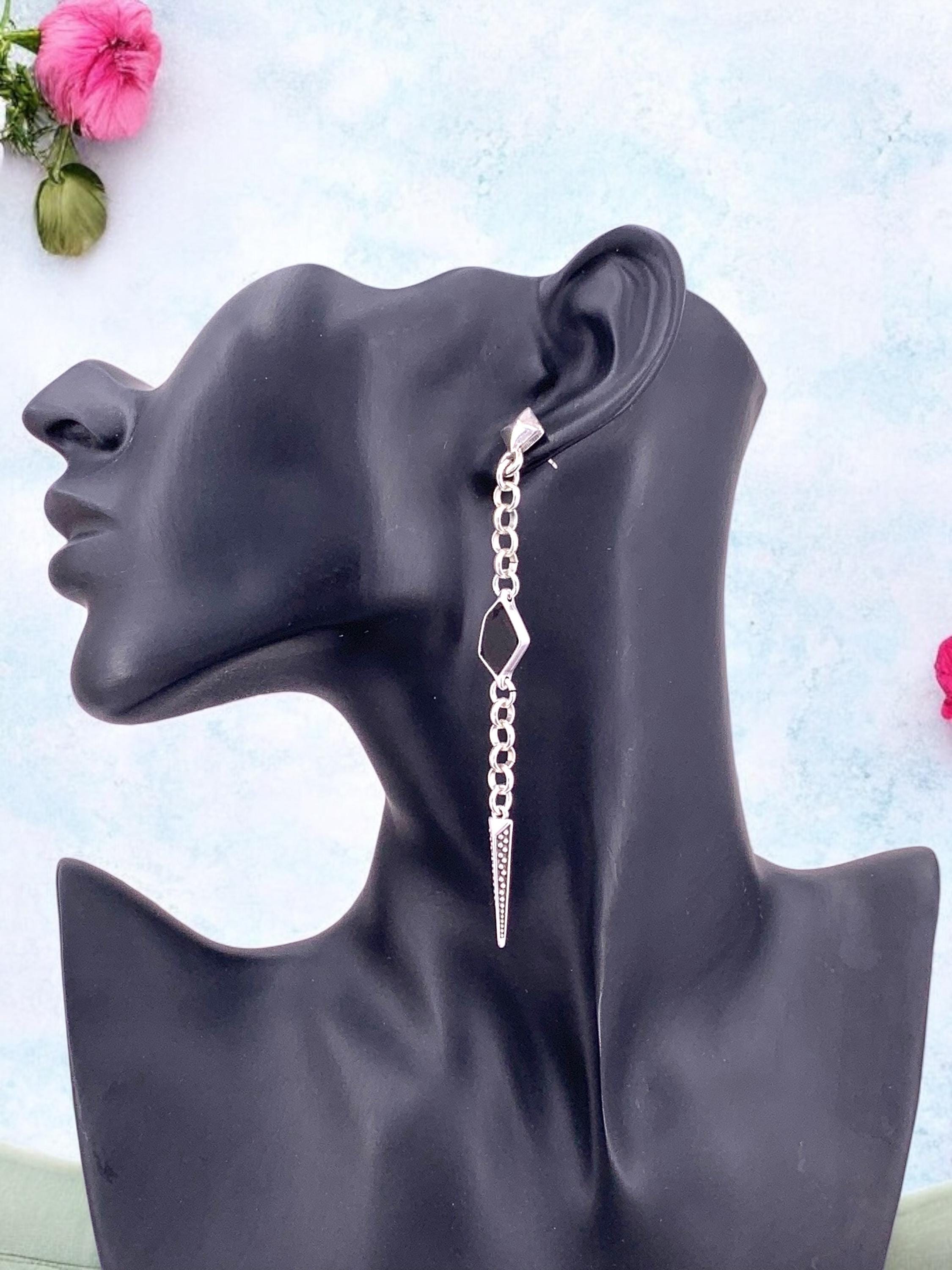 Very long chain earrings with spike pendant, dangling earrings, silver chain earrings, punk earrings, , unique design earring