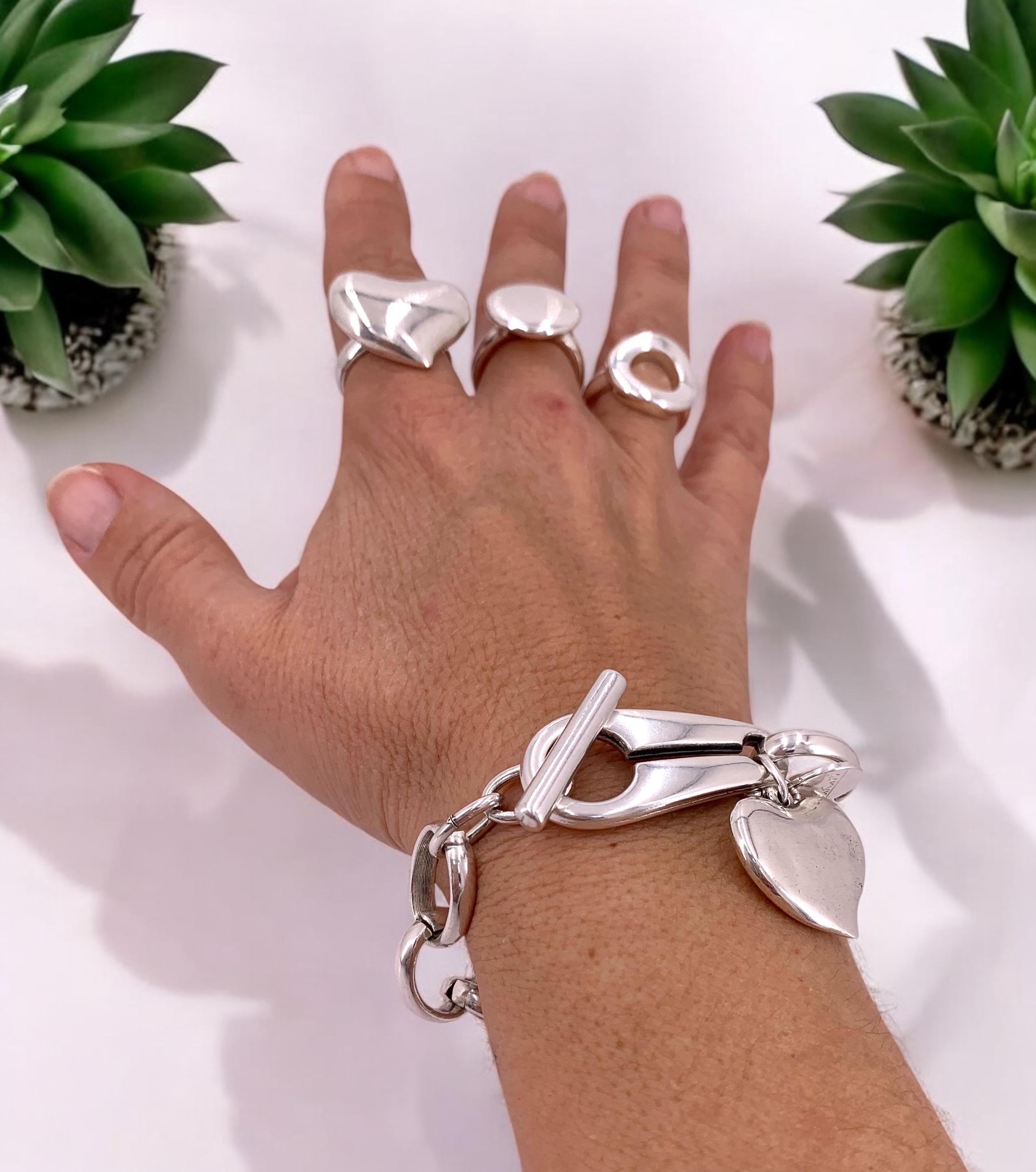 Artisian Chunky silver plated bracelet with toggle bracelet and heart pendant charm