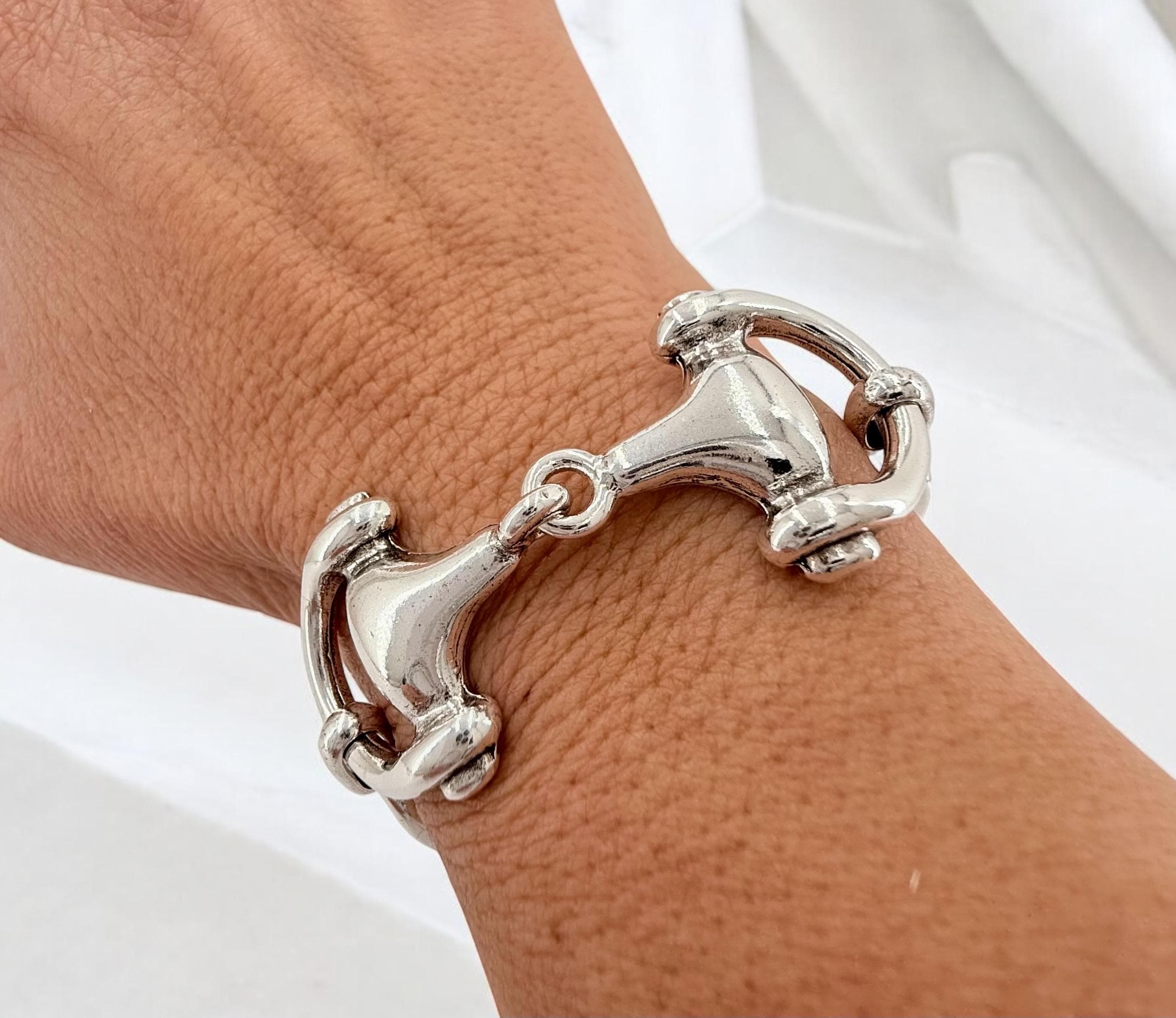 Chunky silver chain bracelet with central equestrian motif, bold customized jewelry