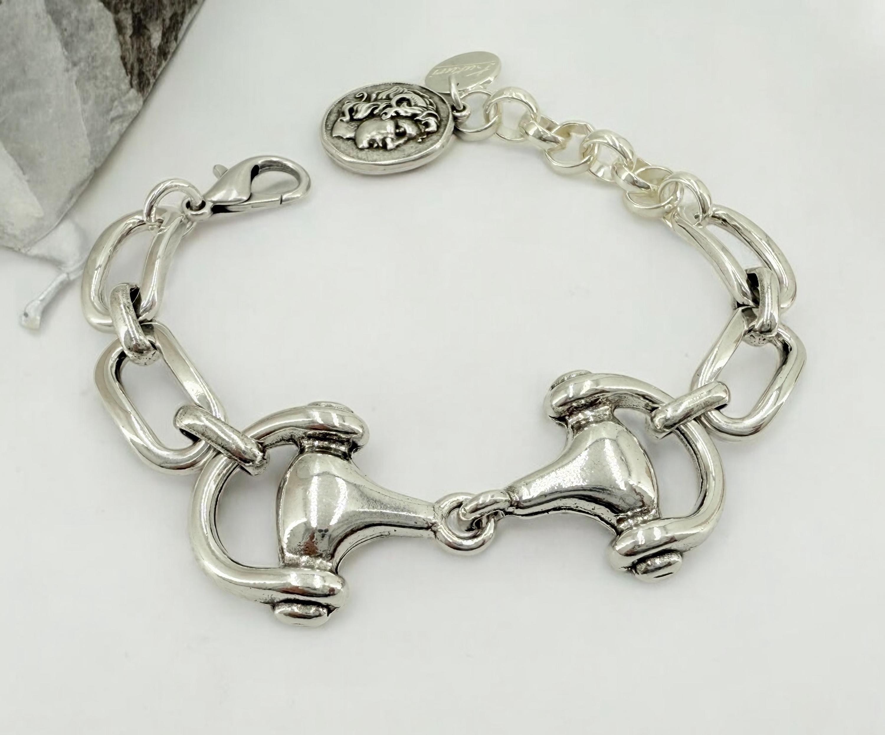 Chunky silver chain bracelet with central equestrian motif, bold customized jewelry