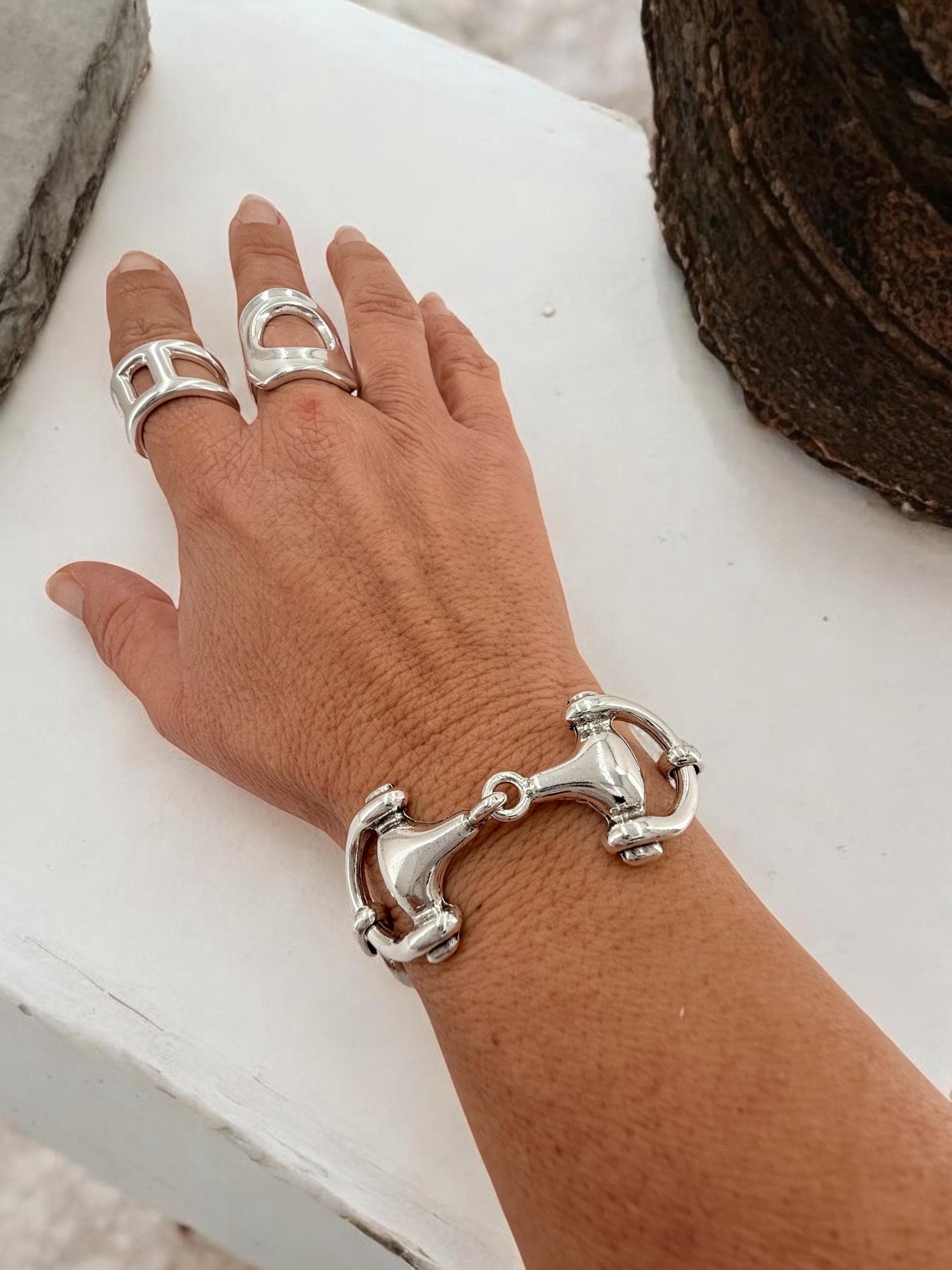 Chunky silver chain bracelet with central equestrian motif, bold customized jewelry